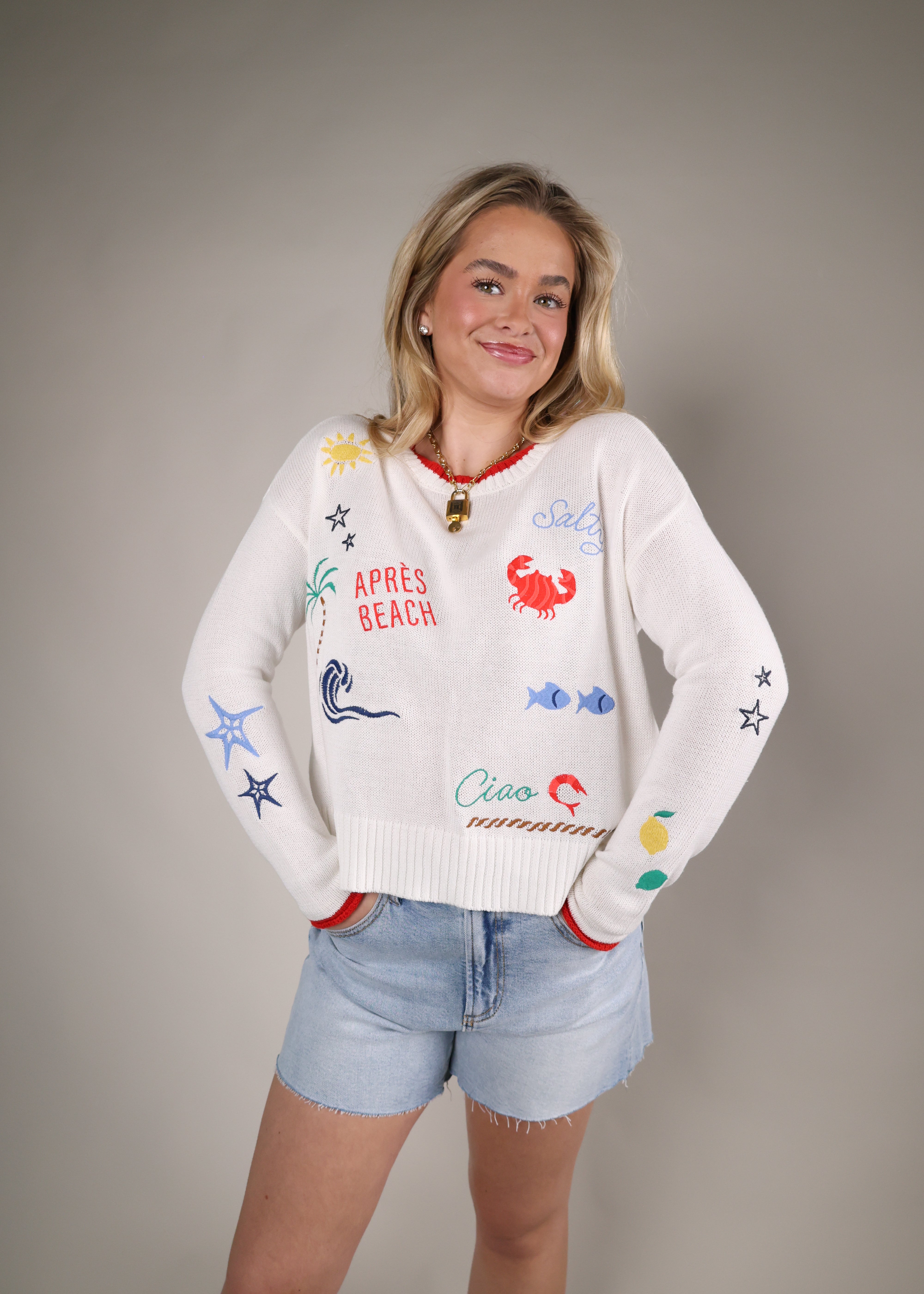lightweight cotton summer sweater women coastal embroidered knit top