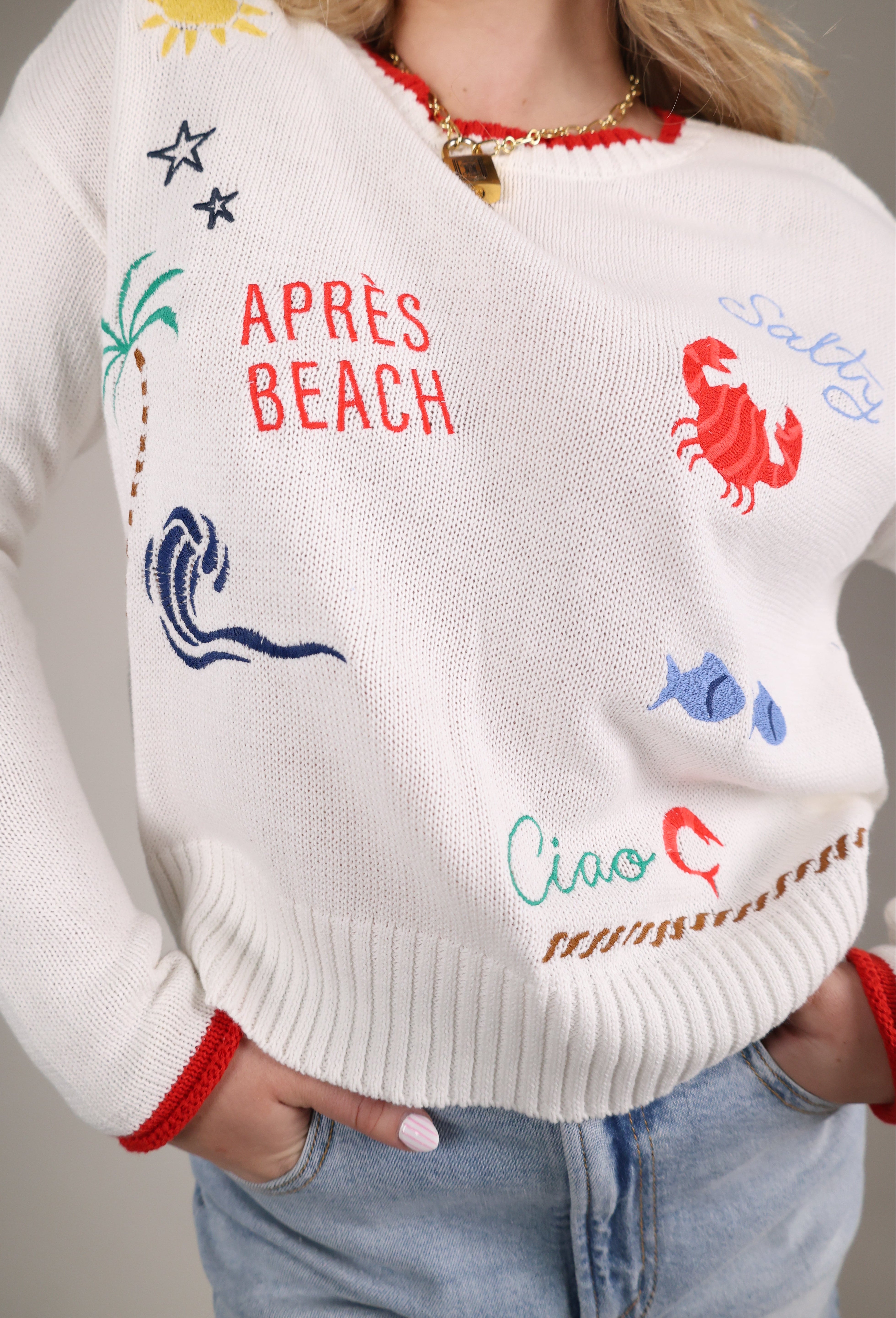 women’s beach sweater embroidered palm wave sweater lightweight layer