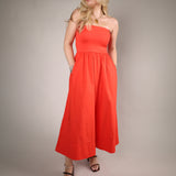 strapless midi dress women smocked bodice summer cotton dress