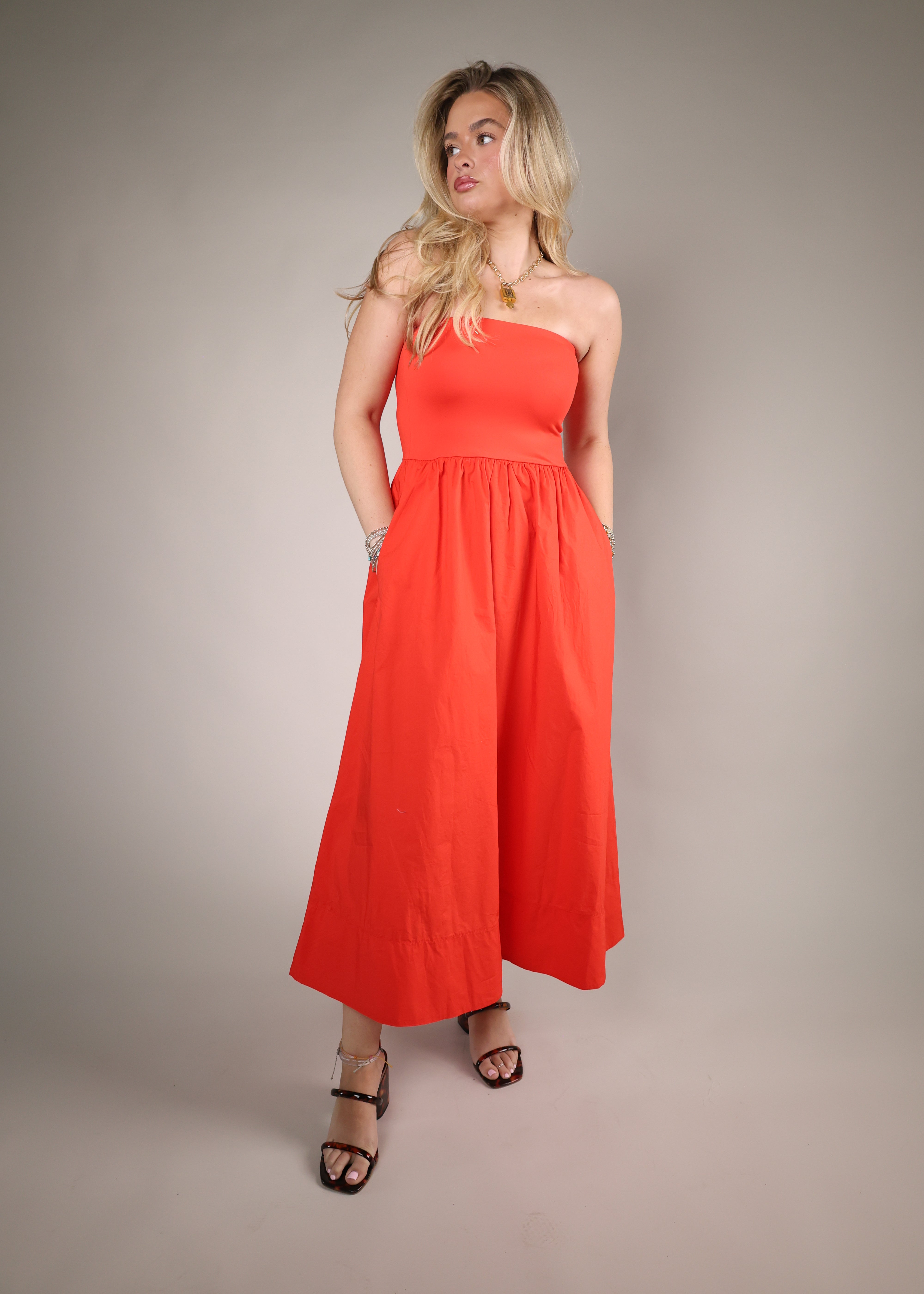 strapless midi dress women smocked bodice summer cotton dress