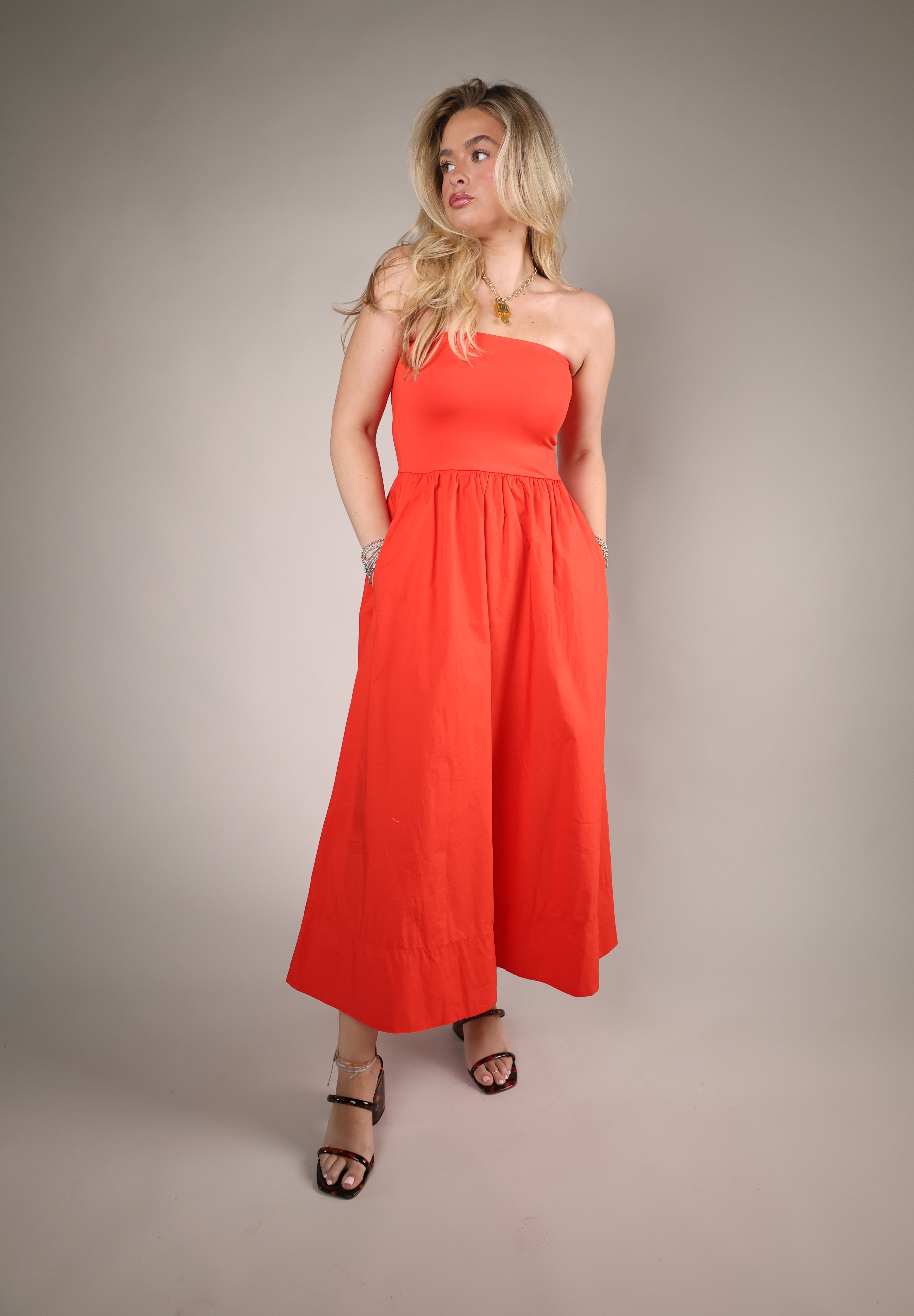 strapless midi dress women smocked bodice summer cotton dress