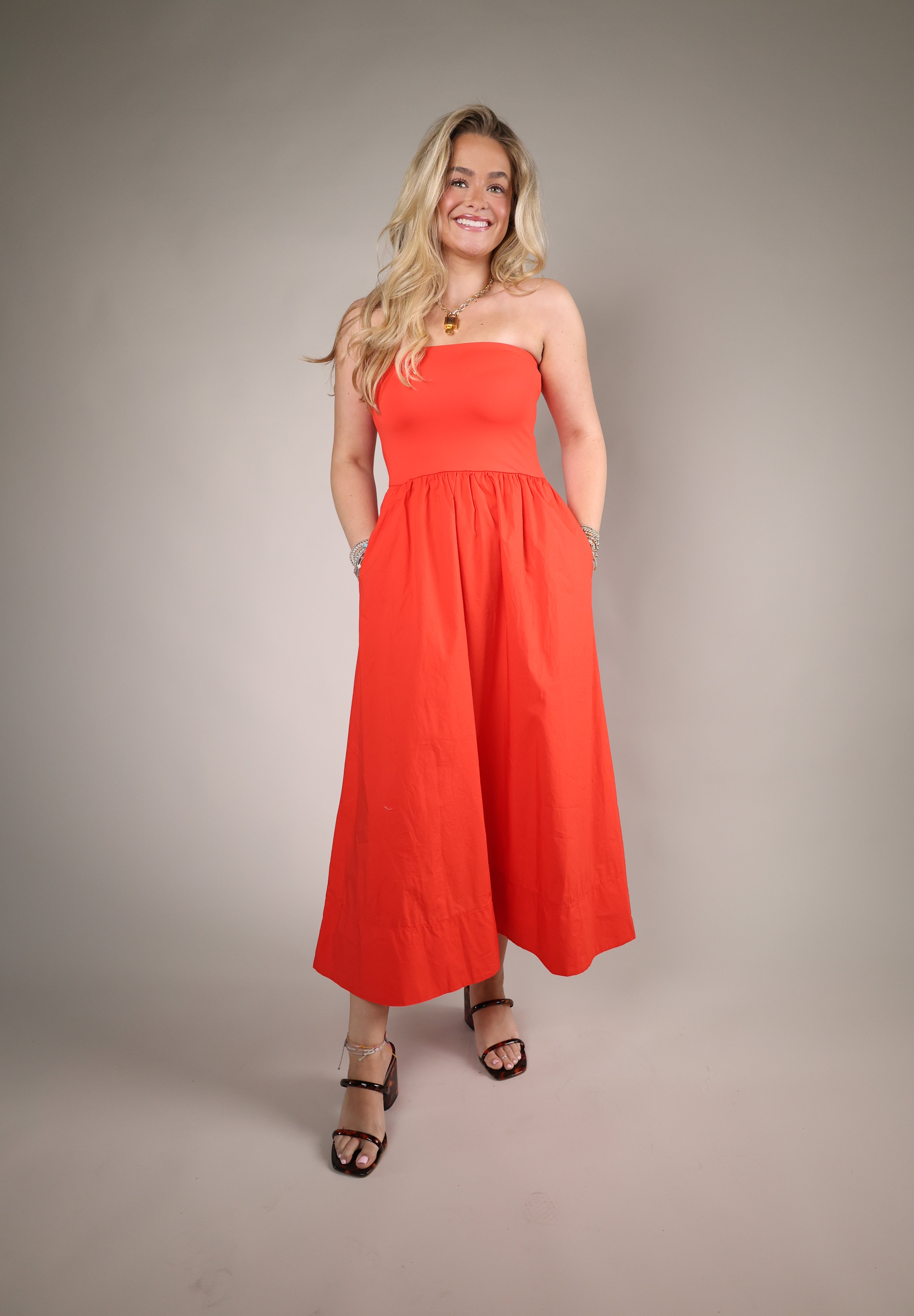 women’s strapless summer dress midi length flowy lightweight dress