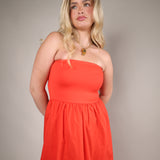 smocked strapless midi dress women beach vacation outfit