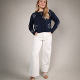lightweight navy knit sweater women coastal summer sweater cotton knit
