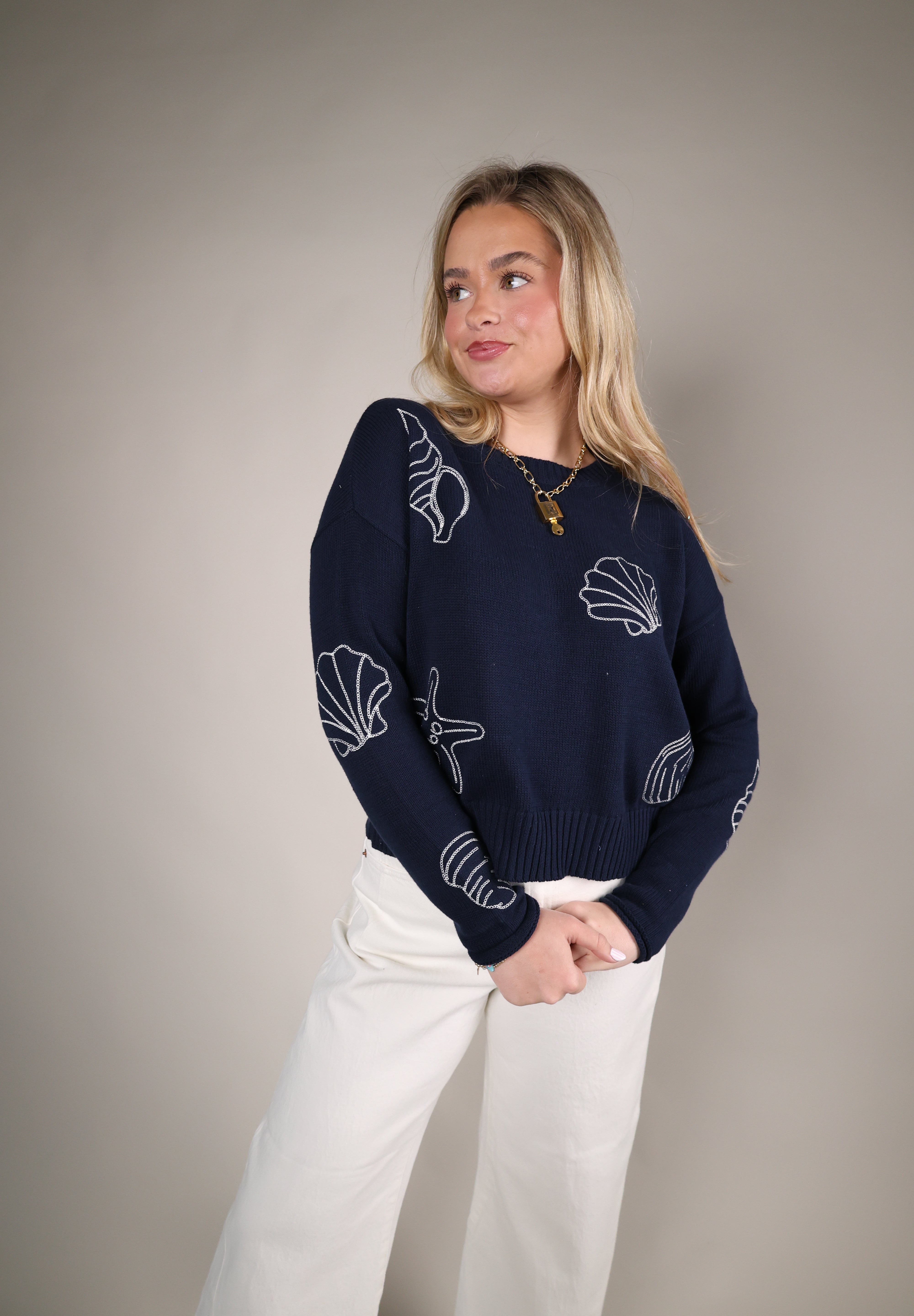 women’s navy cotton sweater relaxed fit lightweight beach sweater