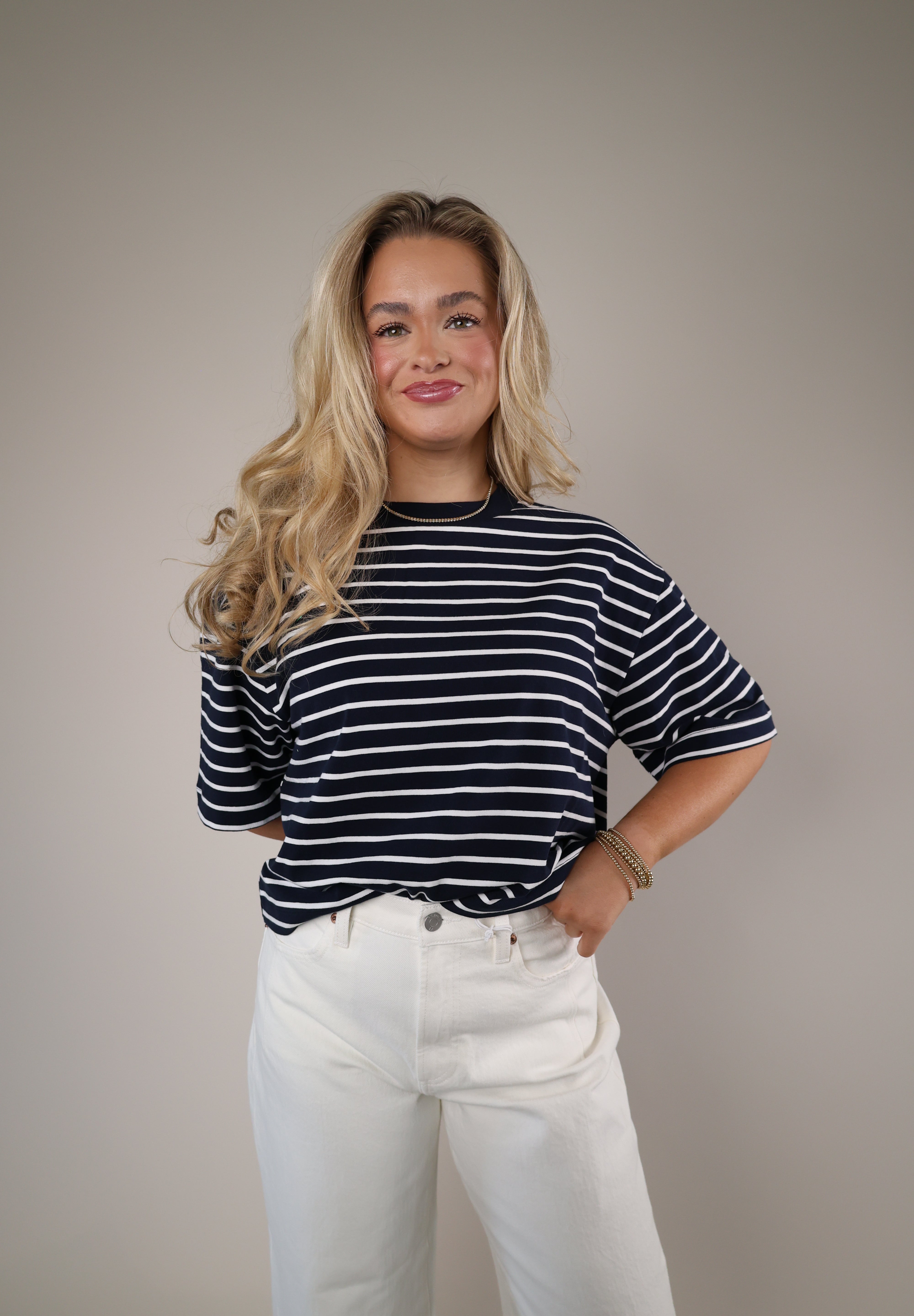 Shear Boutique Spring 2026 striped boxy tee navy white women’s relaxed fit casual t shirt