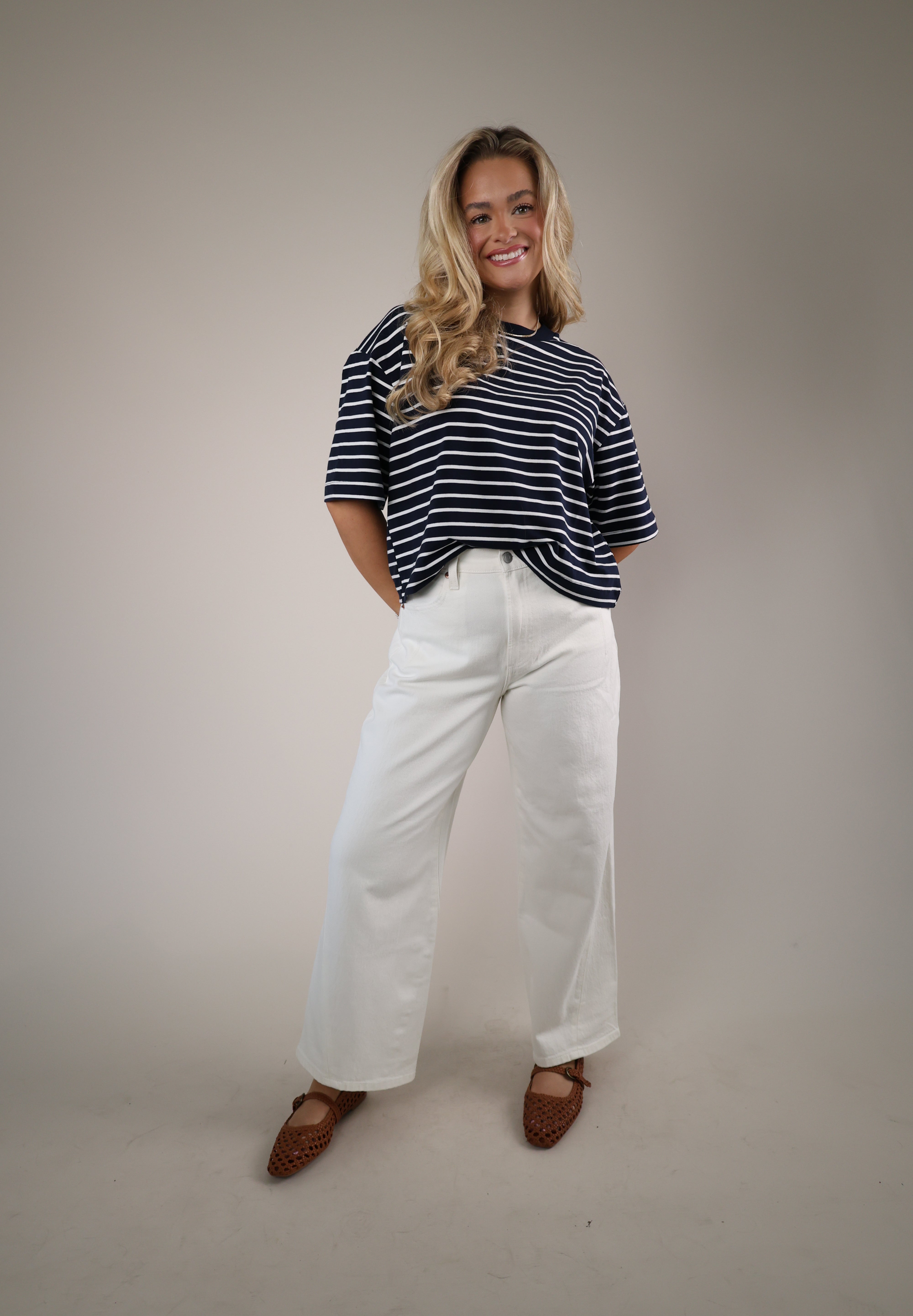 Mae boxy striped tee Pistola Shear Boutique spring 2026 navy white stripe t shirt relaxed fit
