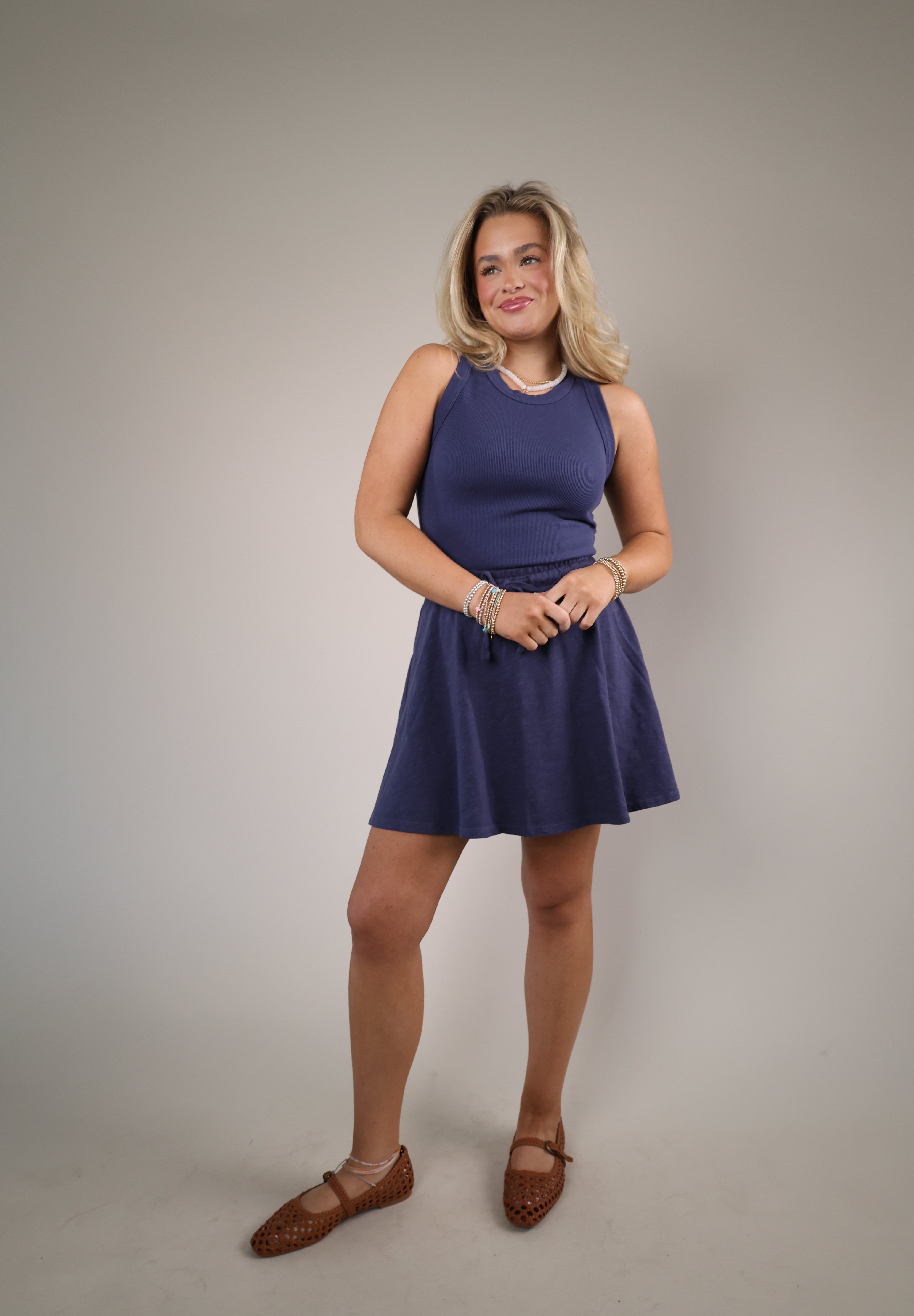 Shear Boutique navy mini skirt spring 2026 knit skirt fitted casual everyday outfit
