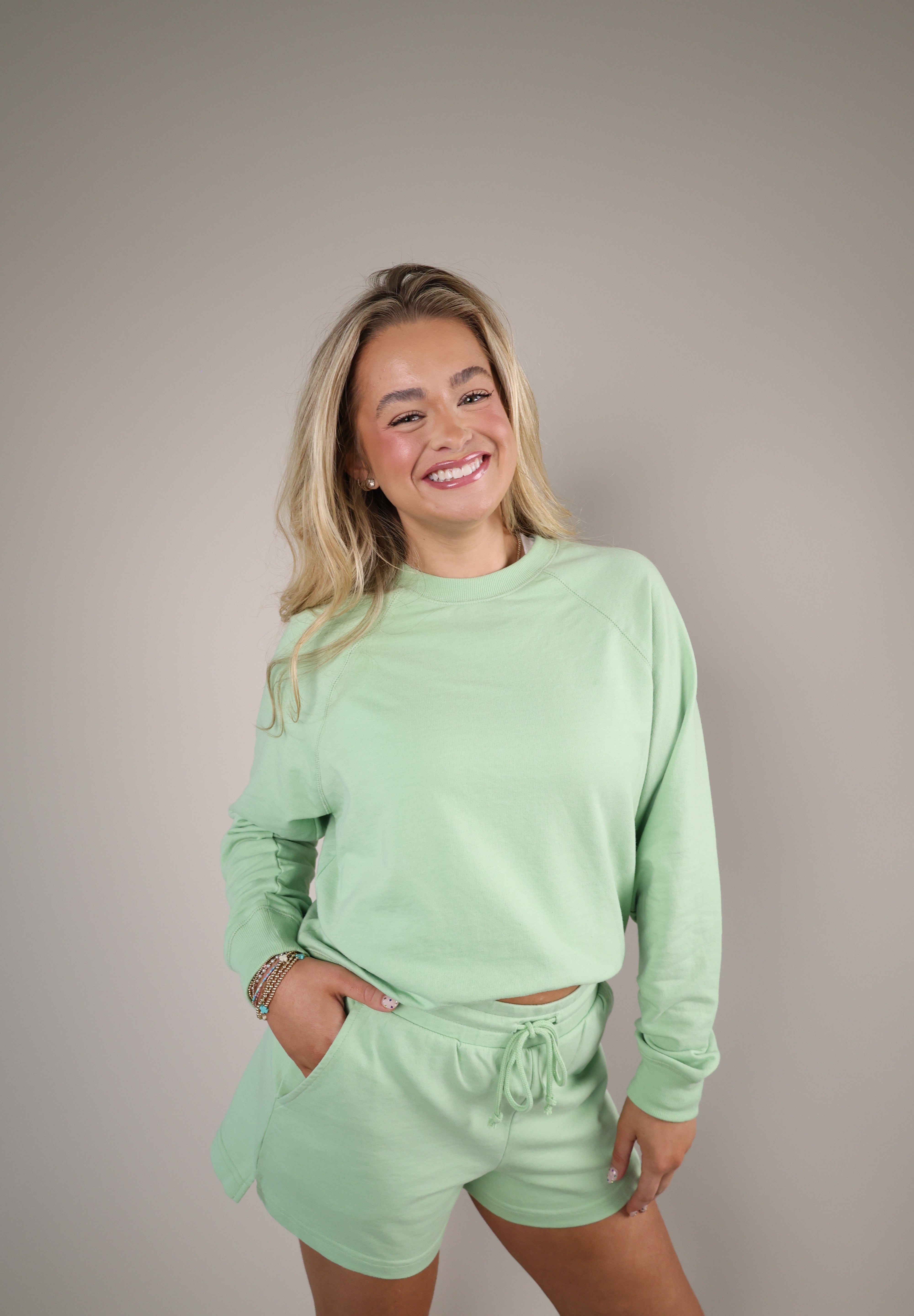 Sprout green sweatshirt Shear Boutique spring 2026 relaxed cozy pullover matching set with shorts