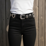 Grunge Silver Heart Concho Leather Belt: Black