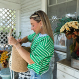 Henley Neck Stripe Top from Shear Boutique with blue stripes and chartreuse trim