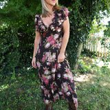 Forsythia maxi dress for women in Deep Fudge Combo with tiered ruffles