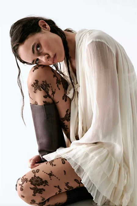Free People sheer tights with flocked floral blossom pattern and lightweight stretch fit