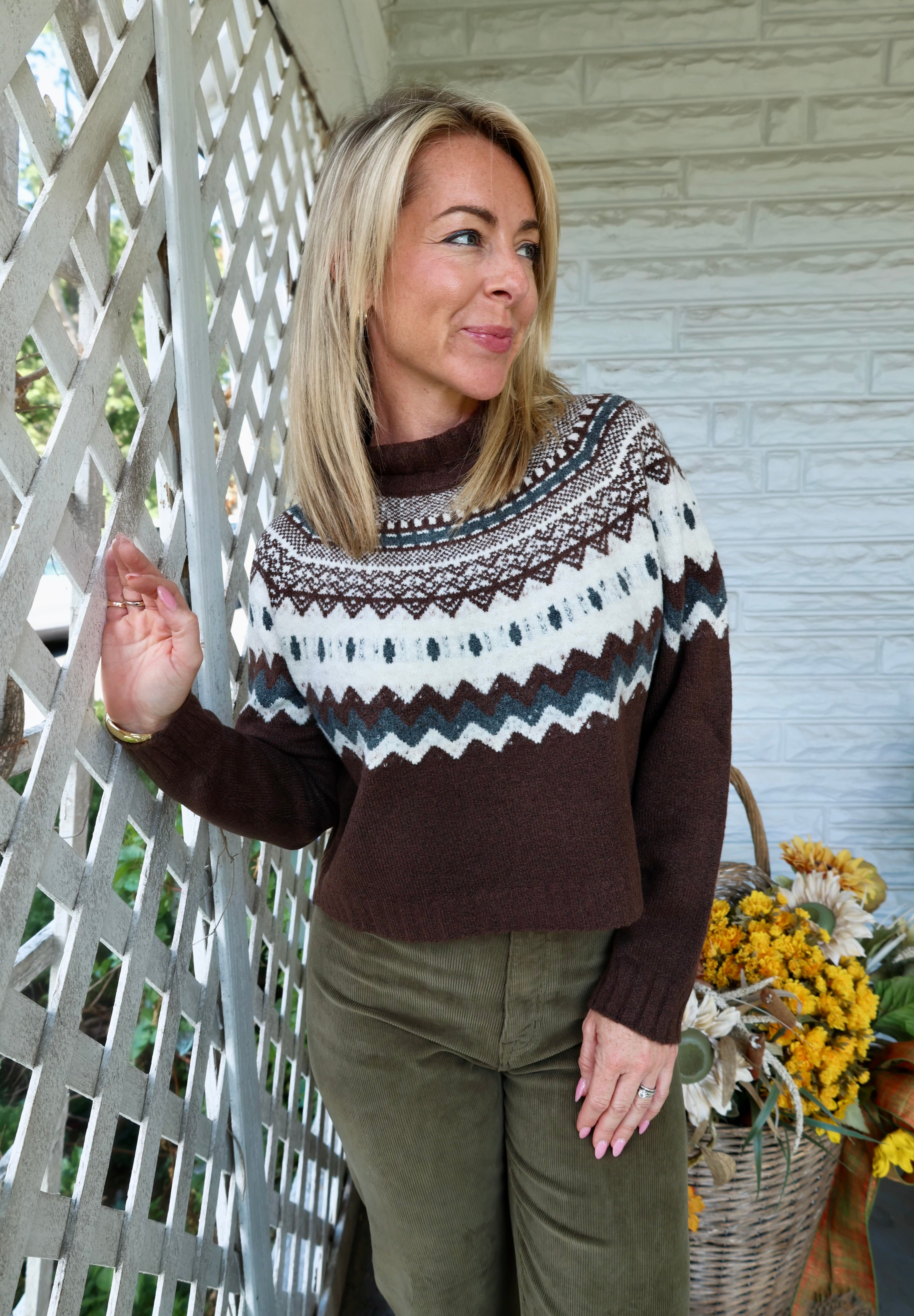Women’s cozy brown grey turtleneck sweater for fall and cooler weather