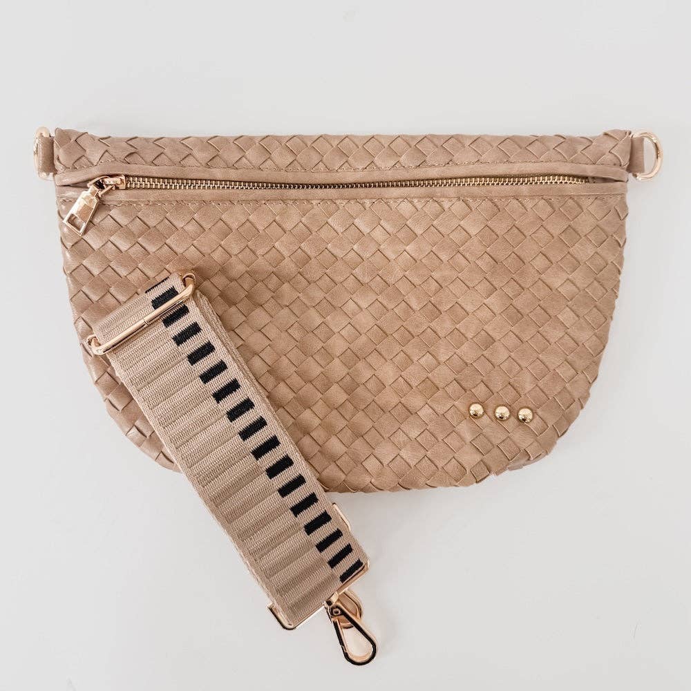 Pretty Simple Westlyn woven taupe bum bag with textured fabric design and adjustable strap