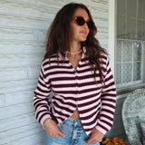 Women’s striped rib knit cardigan with mock neck and two-way zipper