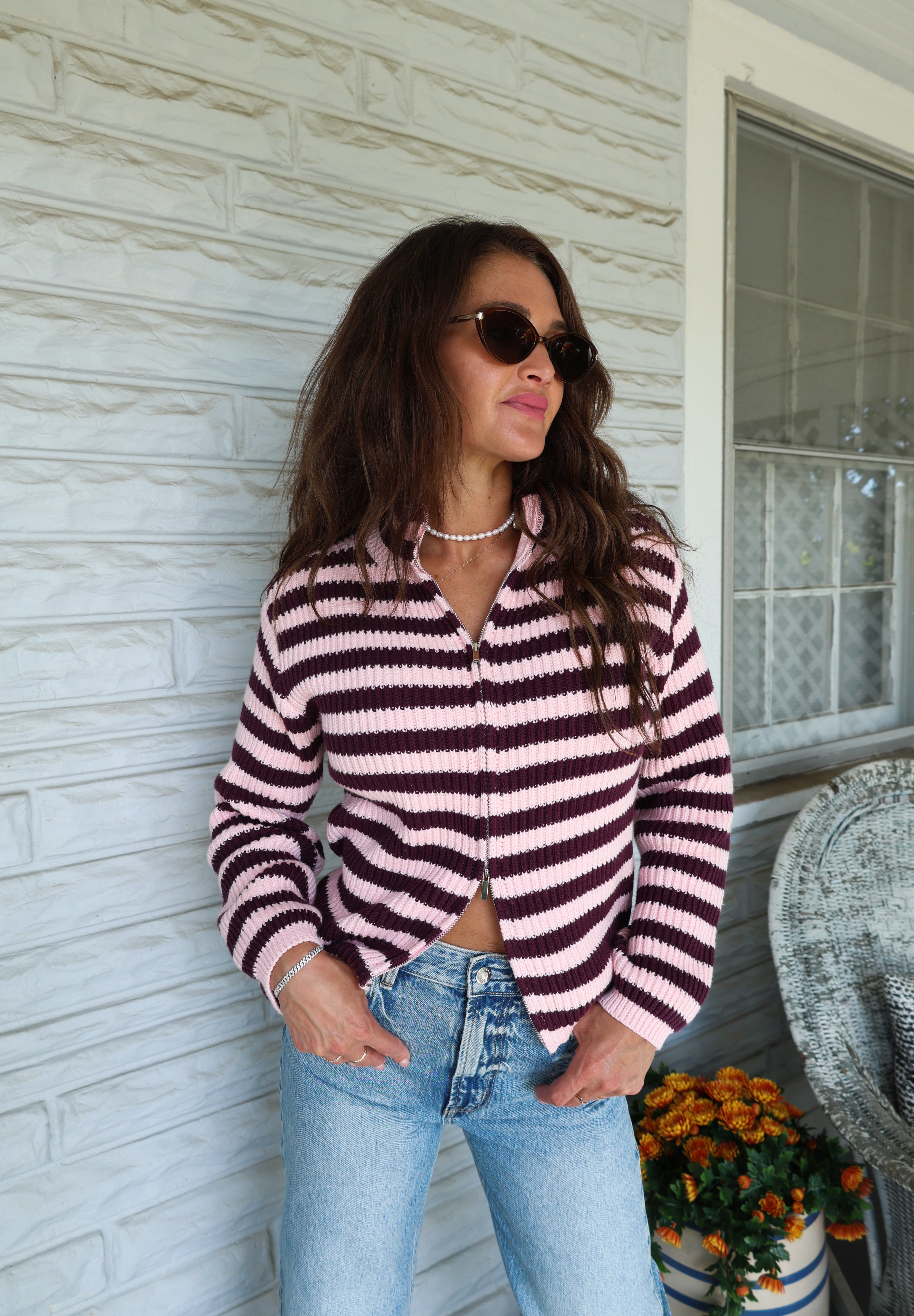 Women’s striped rib knit cardigan with mock neck and two-way zipper