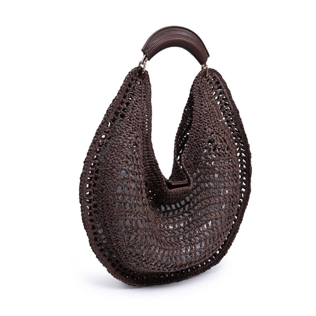Crochet straw hobo bag in chocolate brown from Shear Boutique with roomy interior and gold-tone hardware