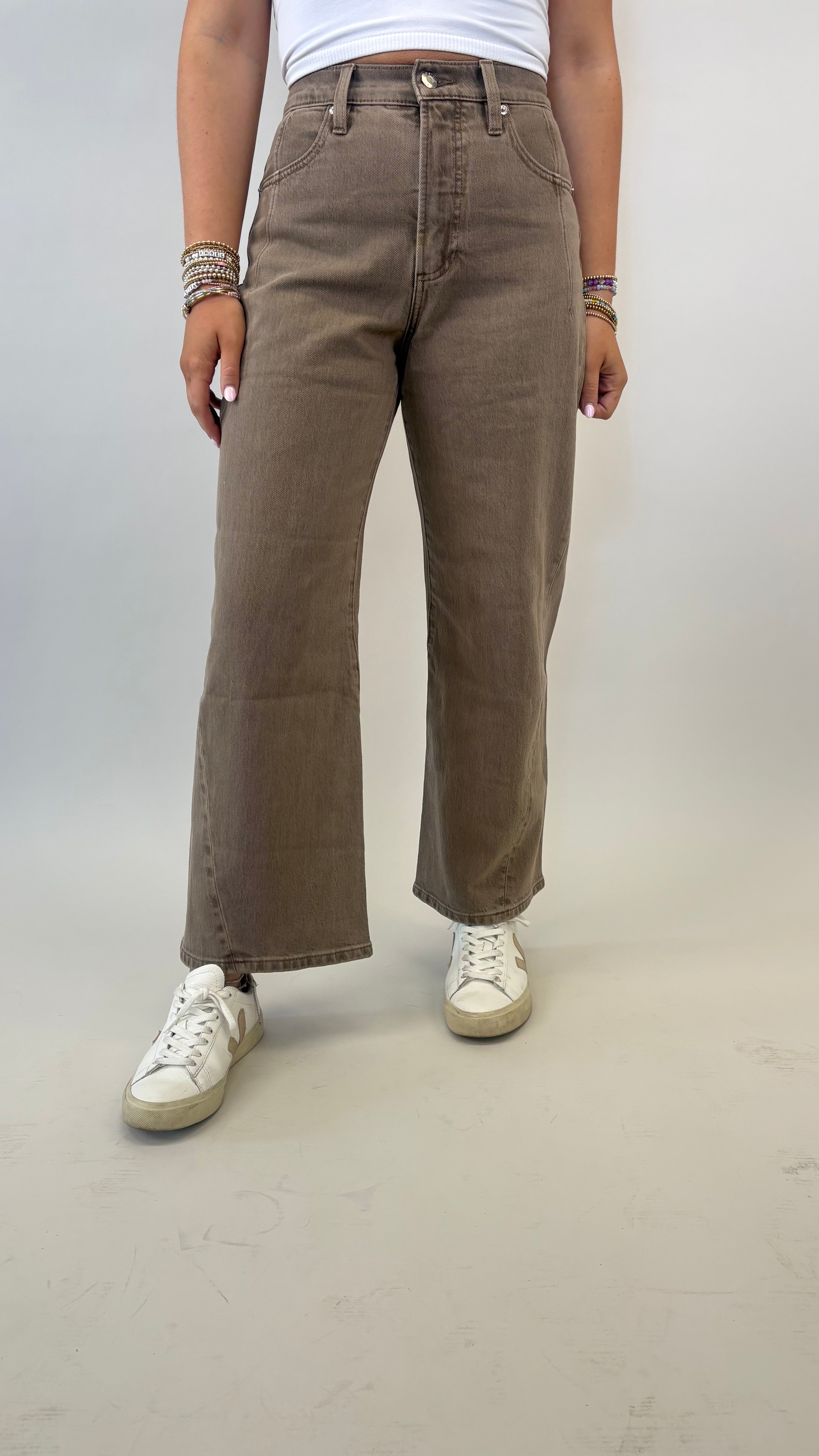 Pistola Kyra bowed wide leg jeans in brown with modern ankle-length cut
