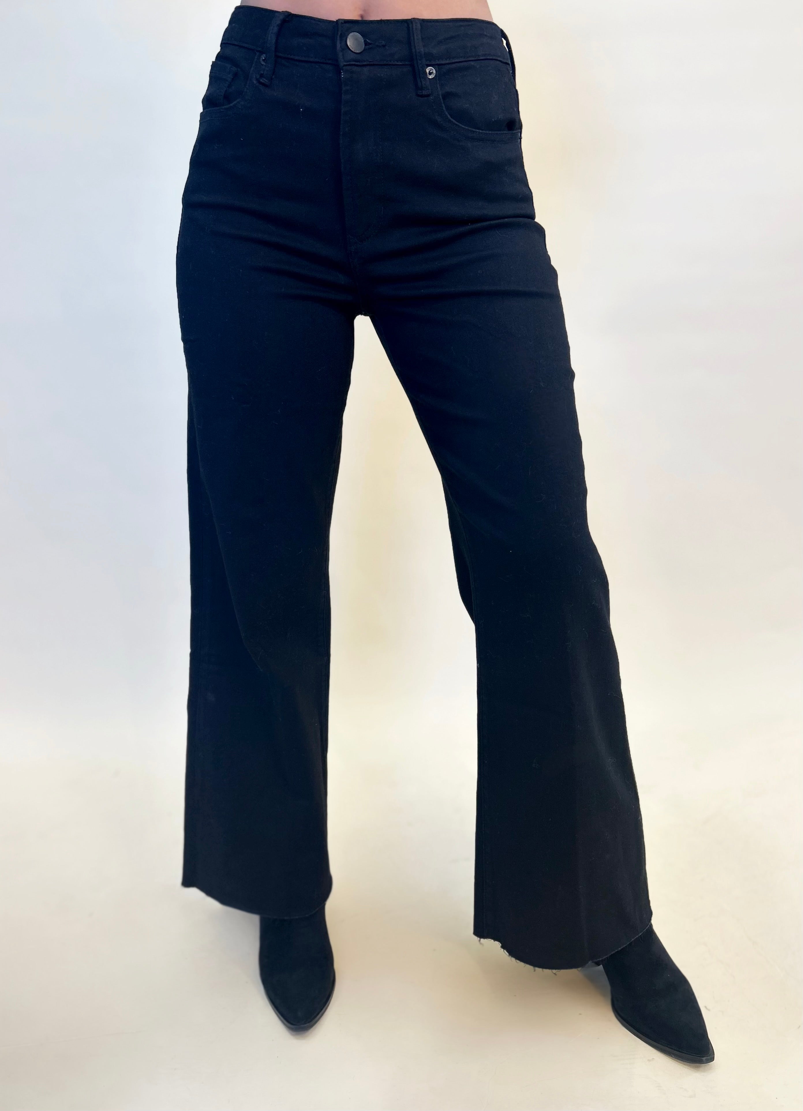 Fiona Wide Leg Jeans in Black Arrow by Dear John, front view showing high-rise fit and unfinished hem from Shear Boutique