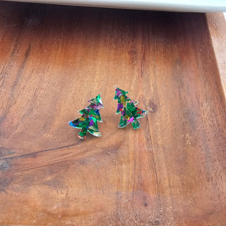 Christmas Tree Studs - Green Sparkle // Holiday Earrings