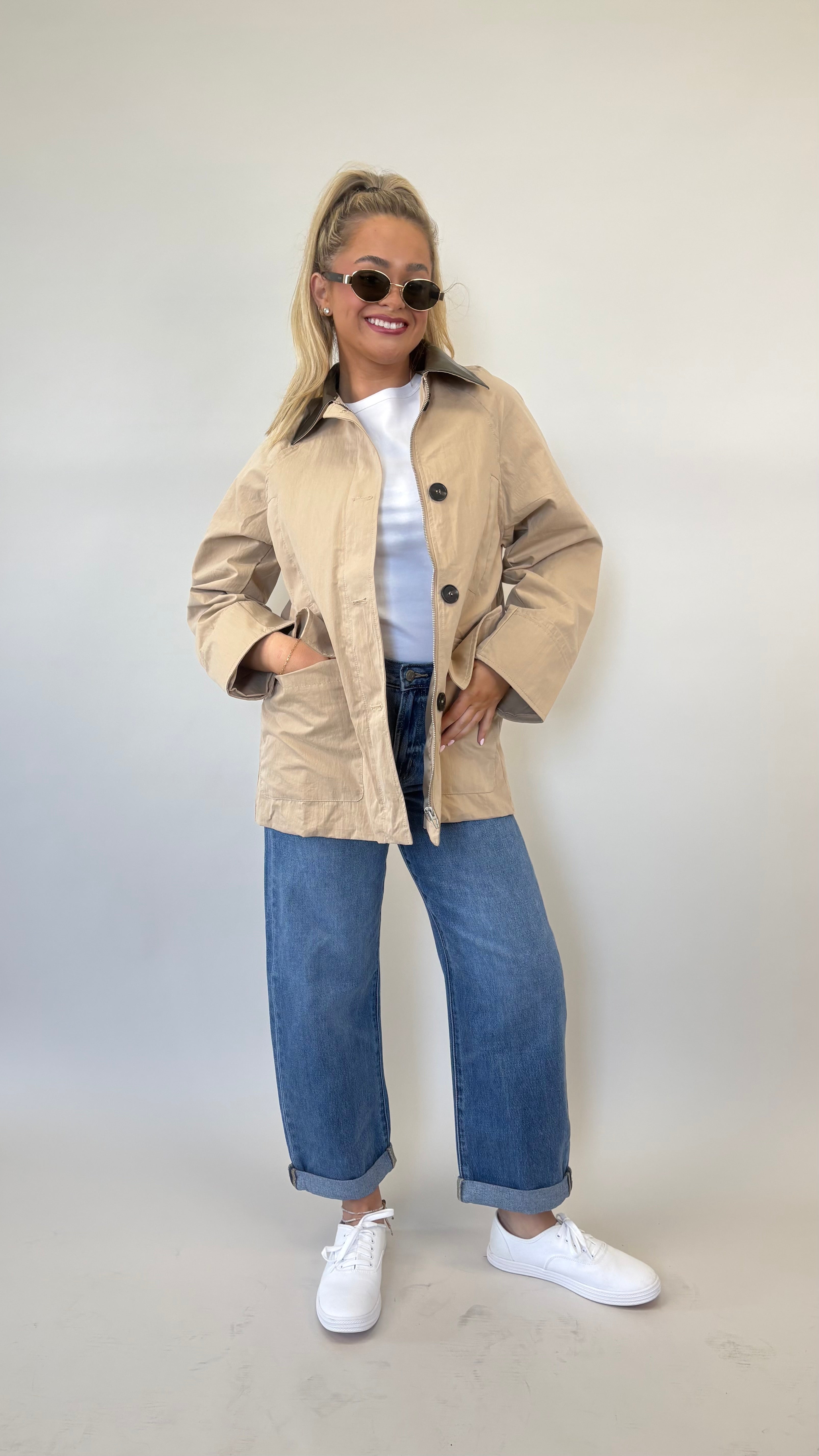 Deluc Montecarlo jacket in rich camel with faux leather contrast and zip-front design