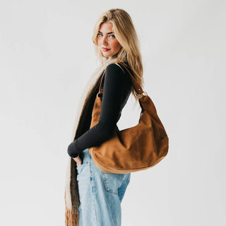 Hazel Hobo Shoulder Bag with Tassel: Chocolate Suede