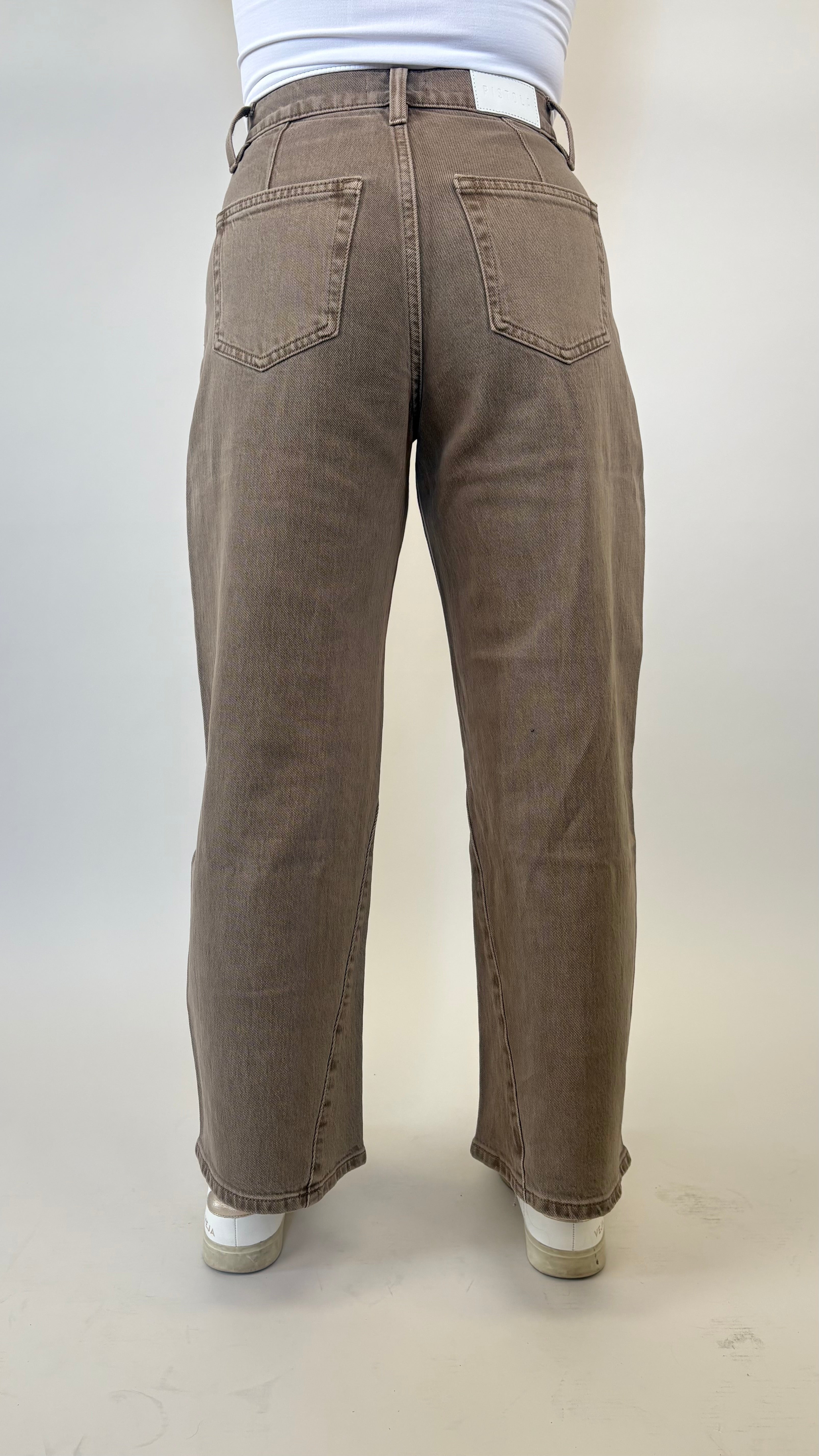 Pistola Kyra high rise bowed leg jeans in rich brown denim