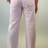 Blush pink Pistola Lexi jeans featuring mid rise fit and bowed straight leg