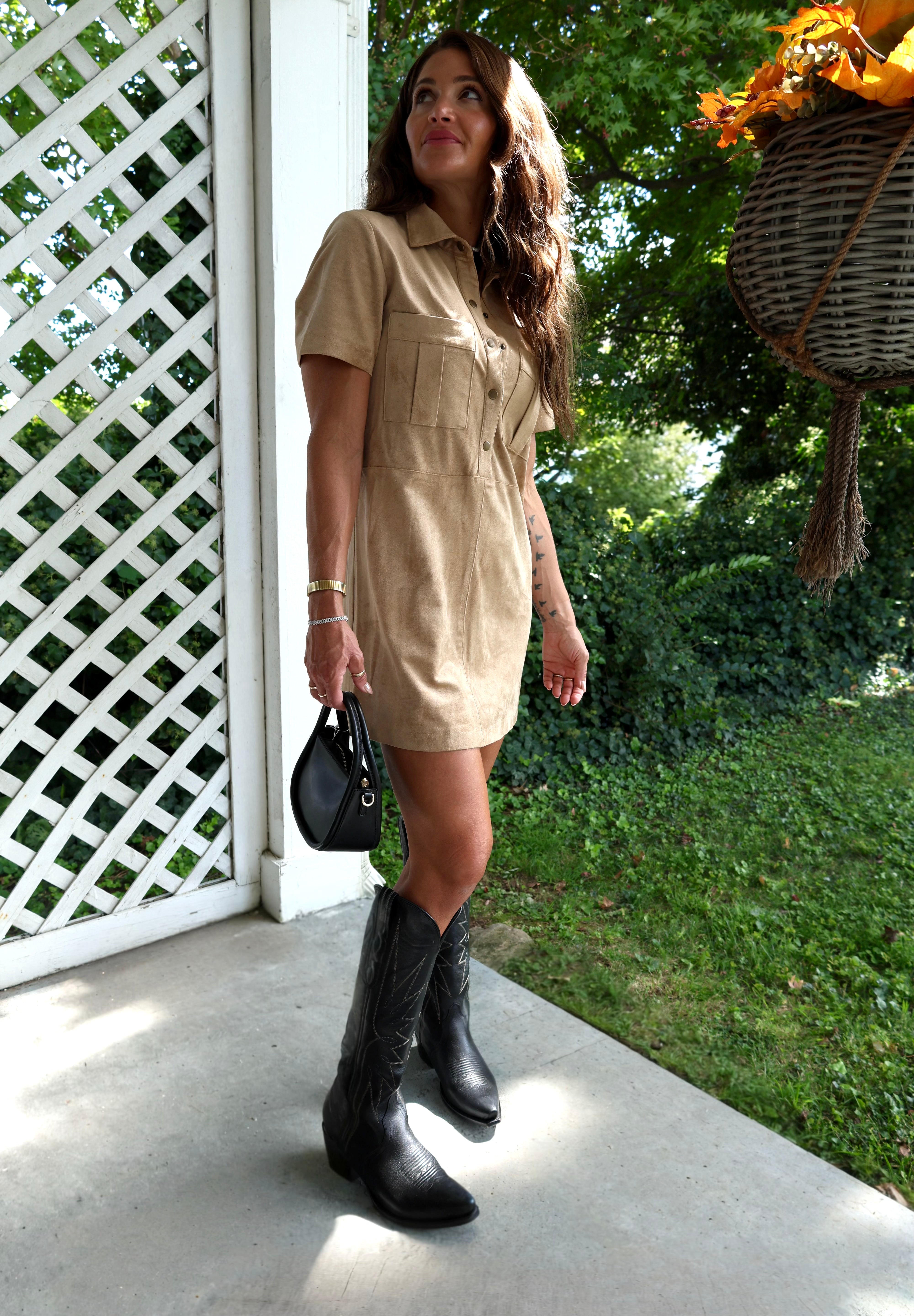 Fall women’s boutique dress with soft suede texture and mini length