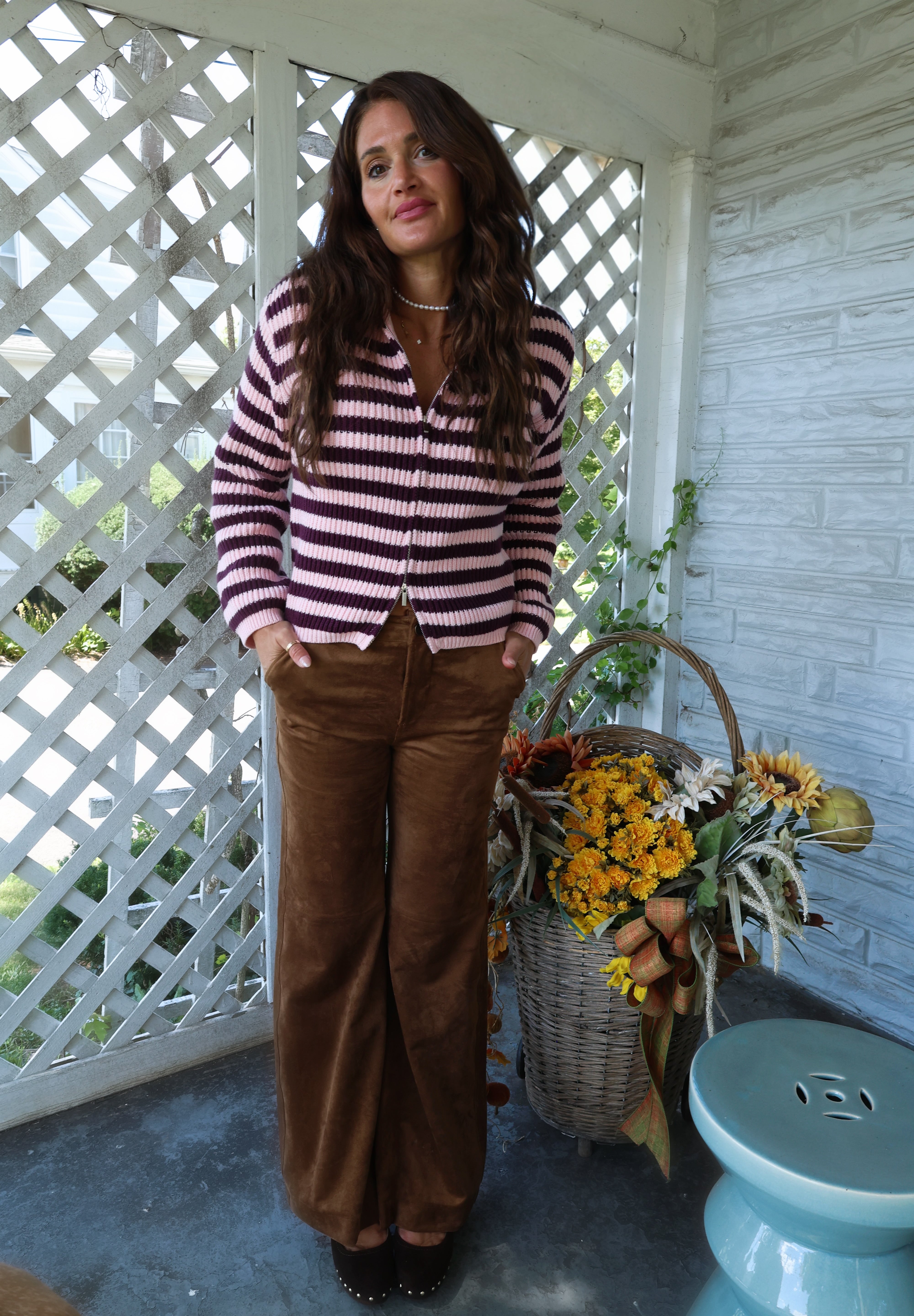 Soft ribbed striped cardigan with two-way zip front for everyday layering