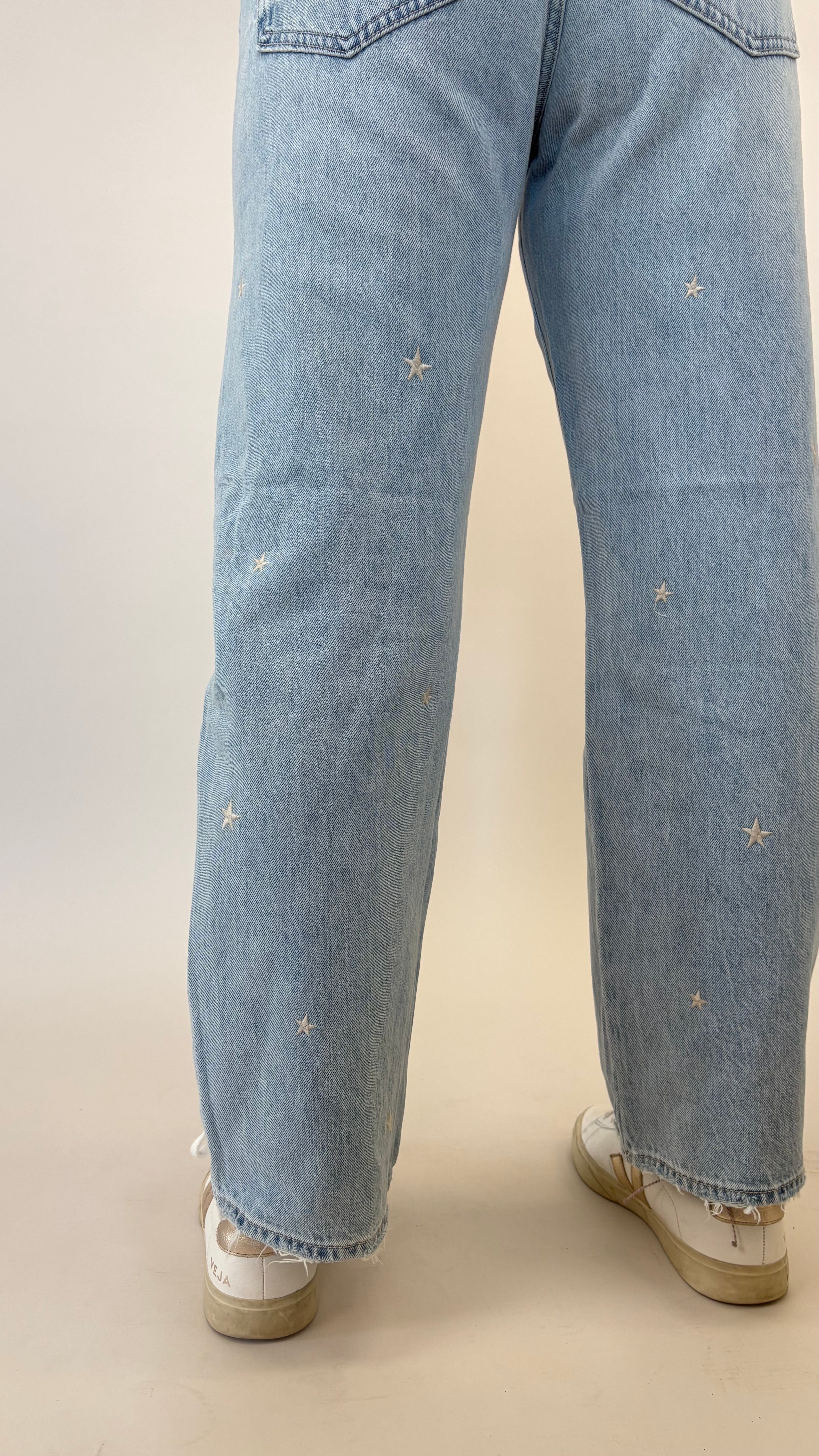 Pistola Lexi bowed straight denim with mid rise fit and embroidered star accents