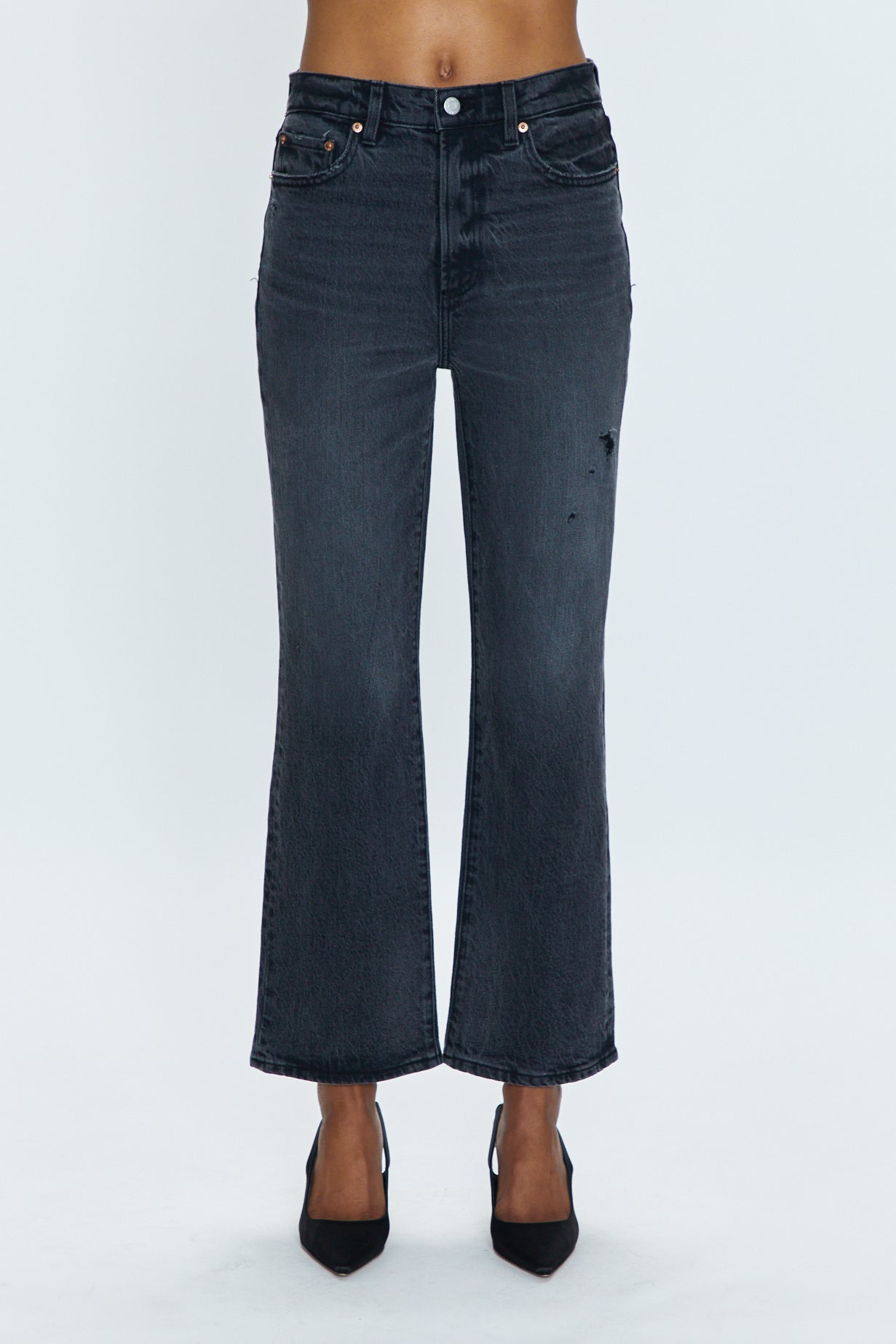 product photo of model wearing Ally high rise ankle boot jeans in black from pistola