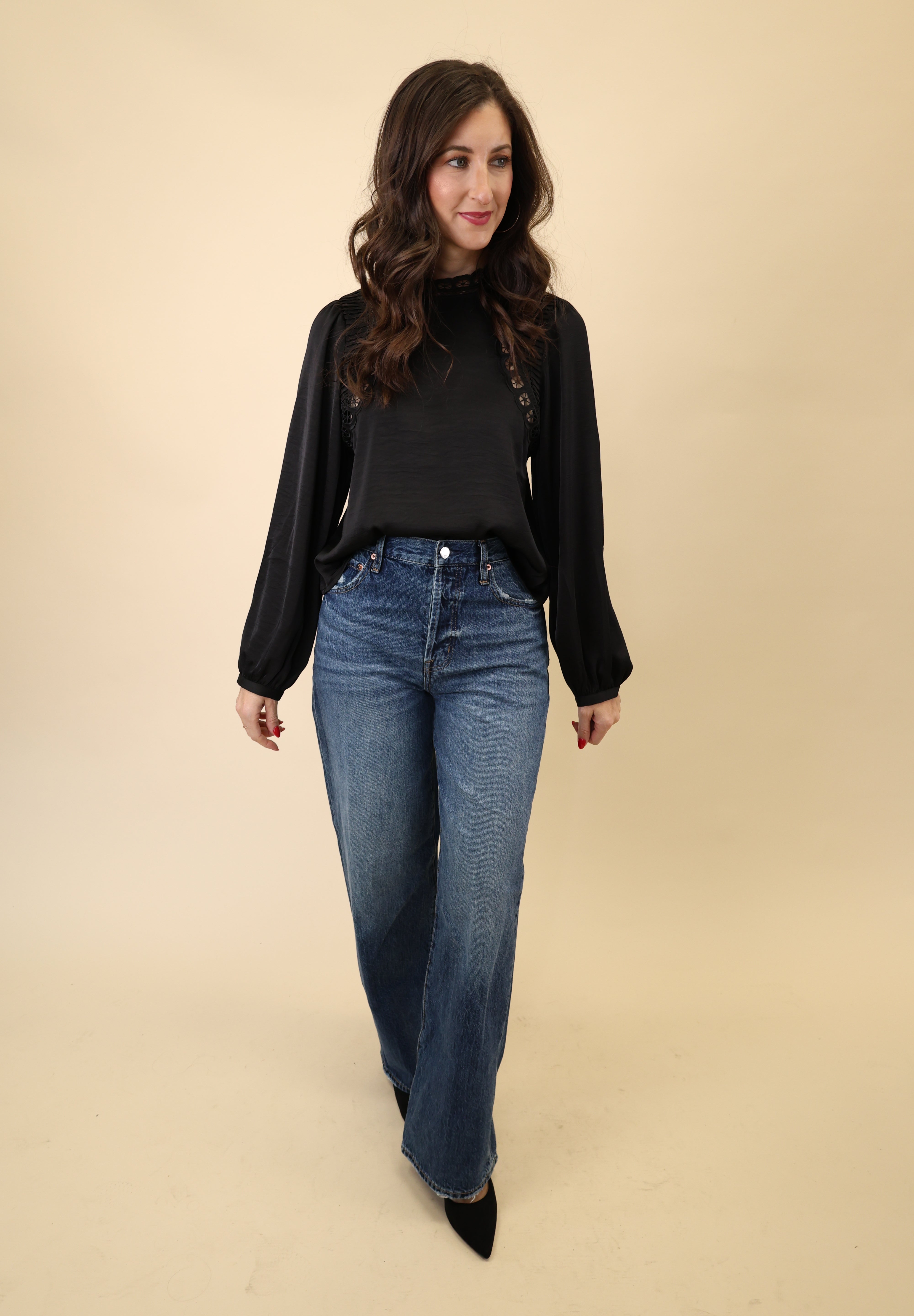 Silvana Embroidered Top in black from Z Supply with refined scalloped trim, a mock neck, and full-length sleeves.