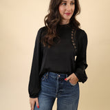 Black Z Supply Silvana Embroidered Top with a mock neck, long sleeves, and delicate scalloped trim.