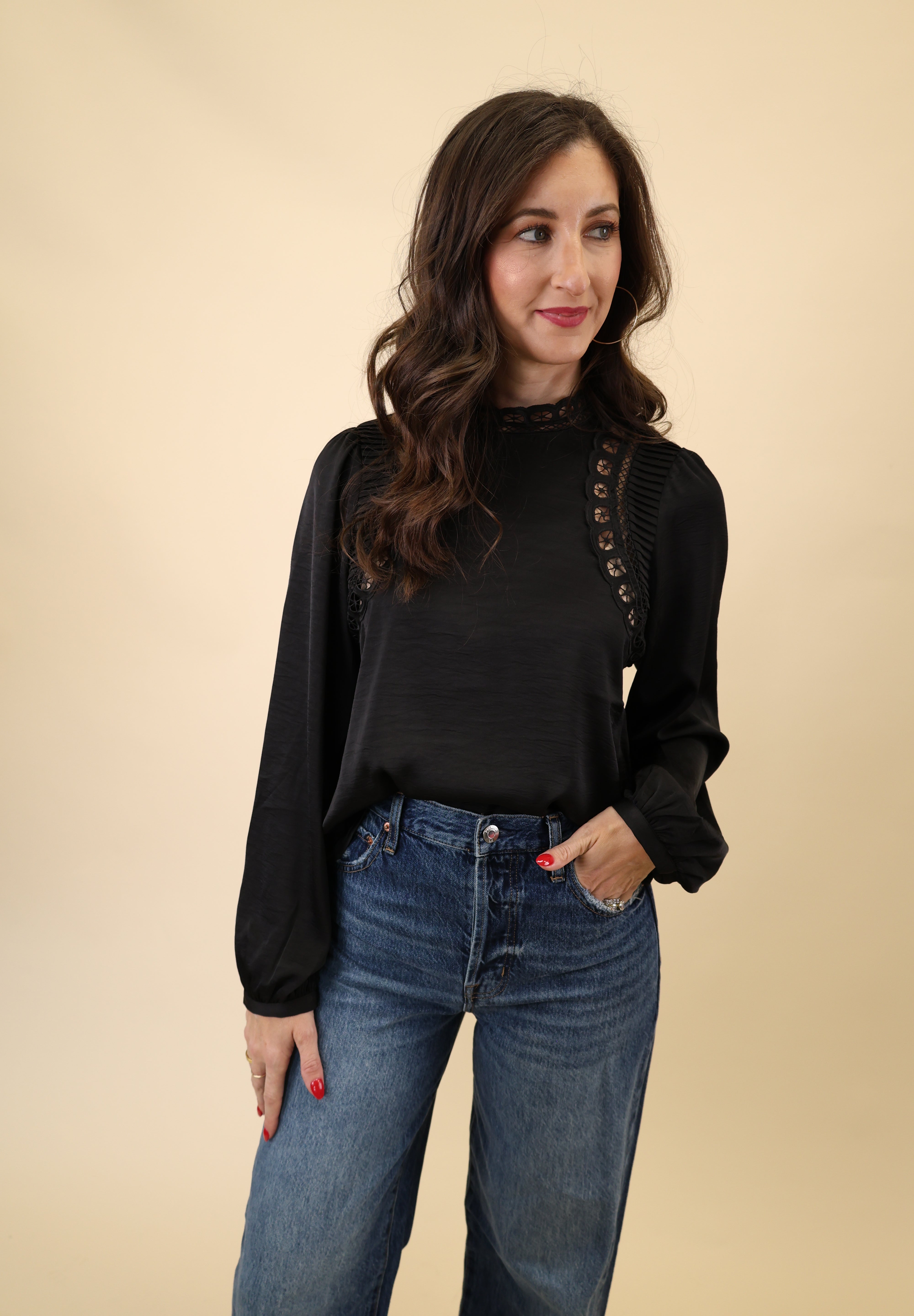Black Z Supply Silvana Embroidered Top with a mock neck, long sleeves, and delicate scalloped trim.