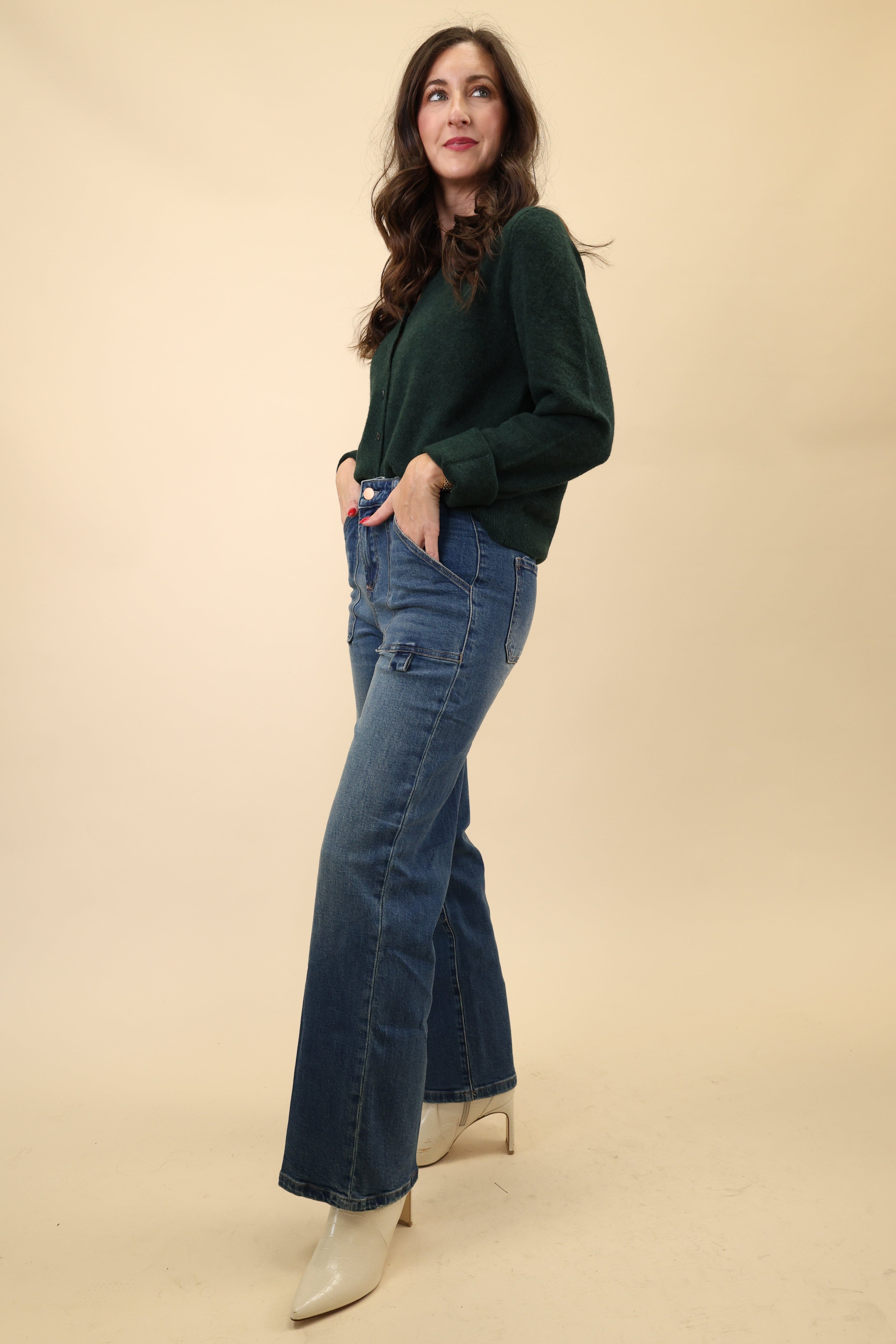 Medium-wash denim jeans with a high-rise fit and straight-leg shape from Dear John.