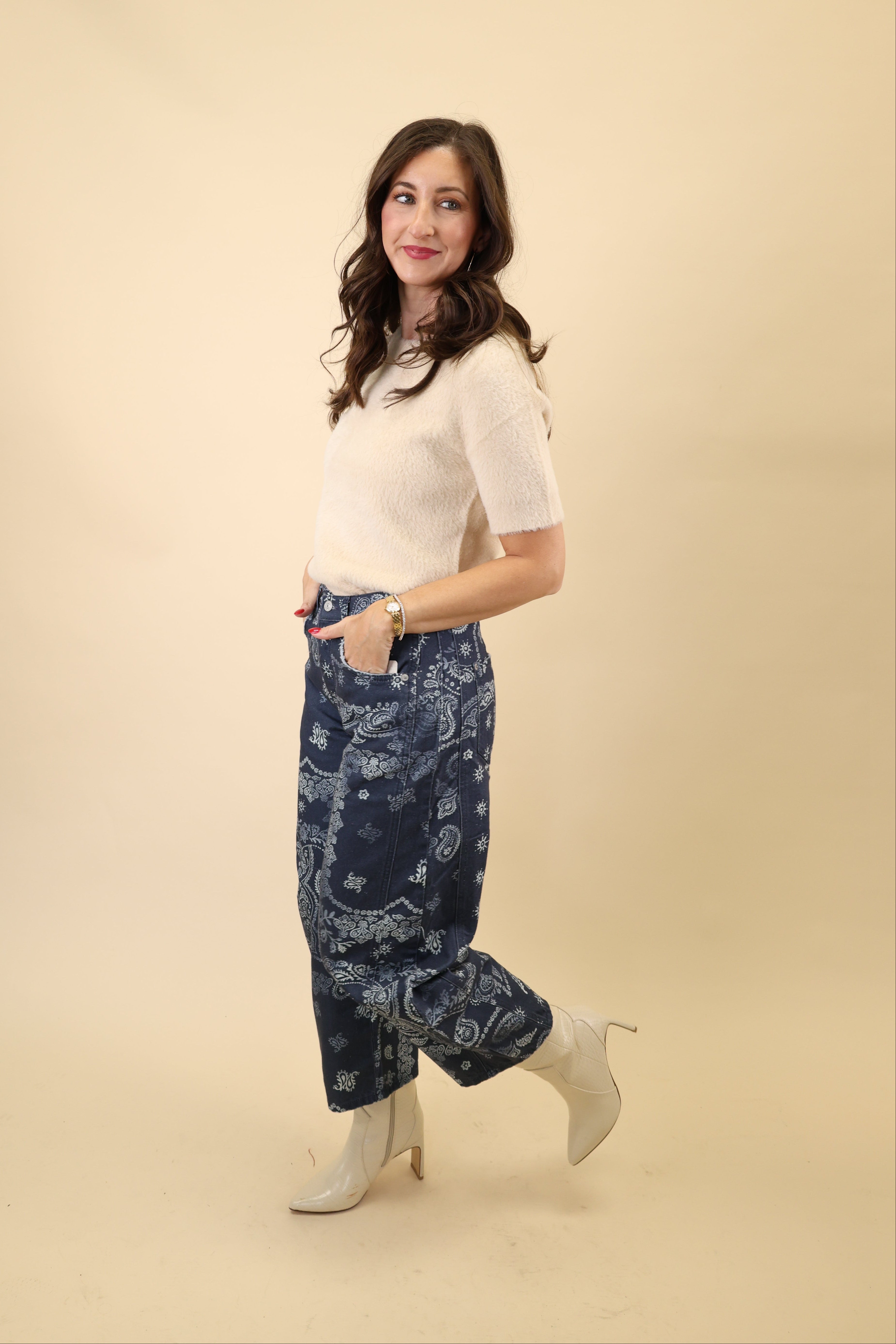 Free People Good Luck barrel pants in a navy bandana pattern, featuring a mid to high rise and roomy barrel leg.