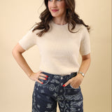 Dear John Susie Sweater Top in cream with a soft knit texture and classic short-sleeve design.