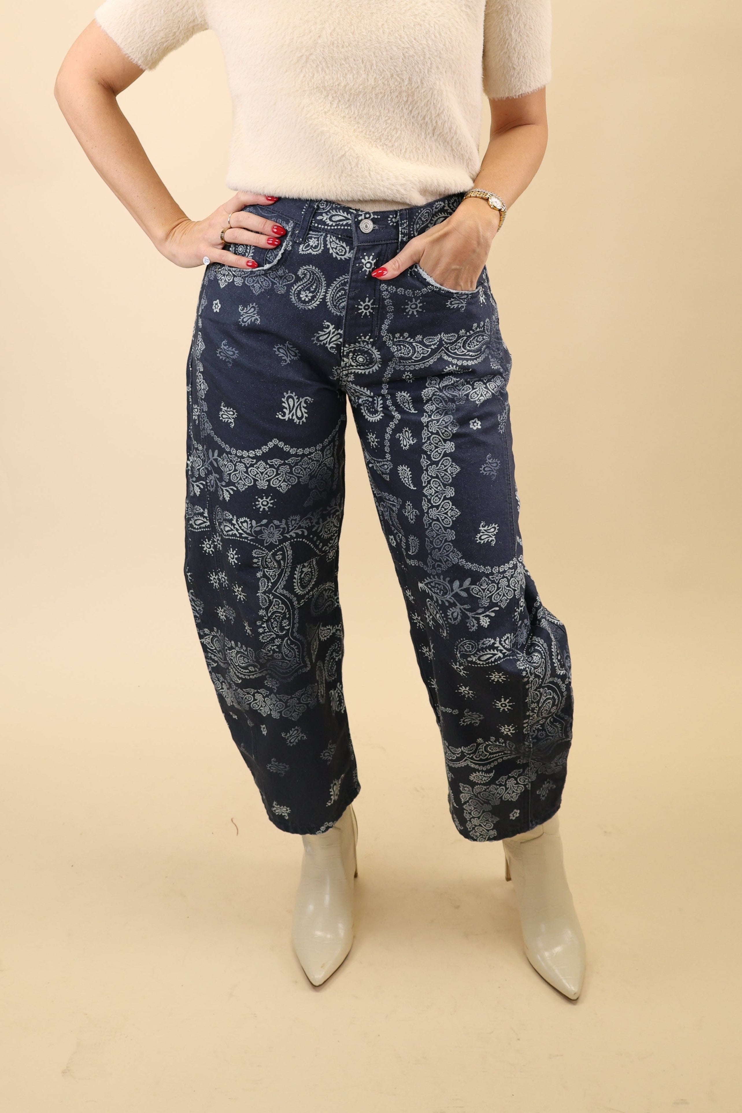 Navy bandana-print pants with a structured barrel leg and easy mid to high rise waist.