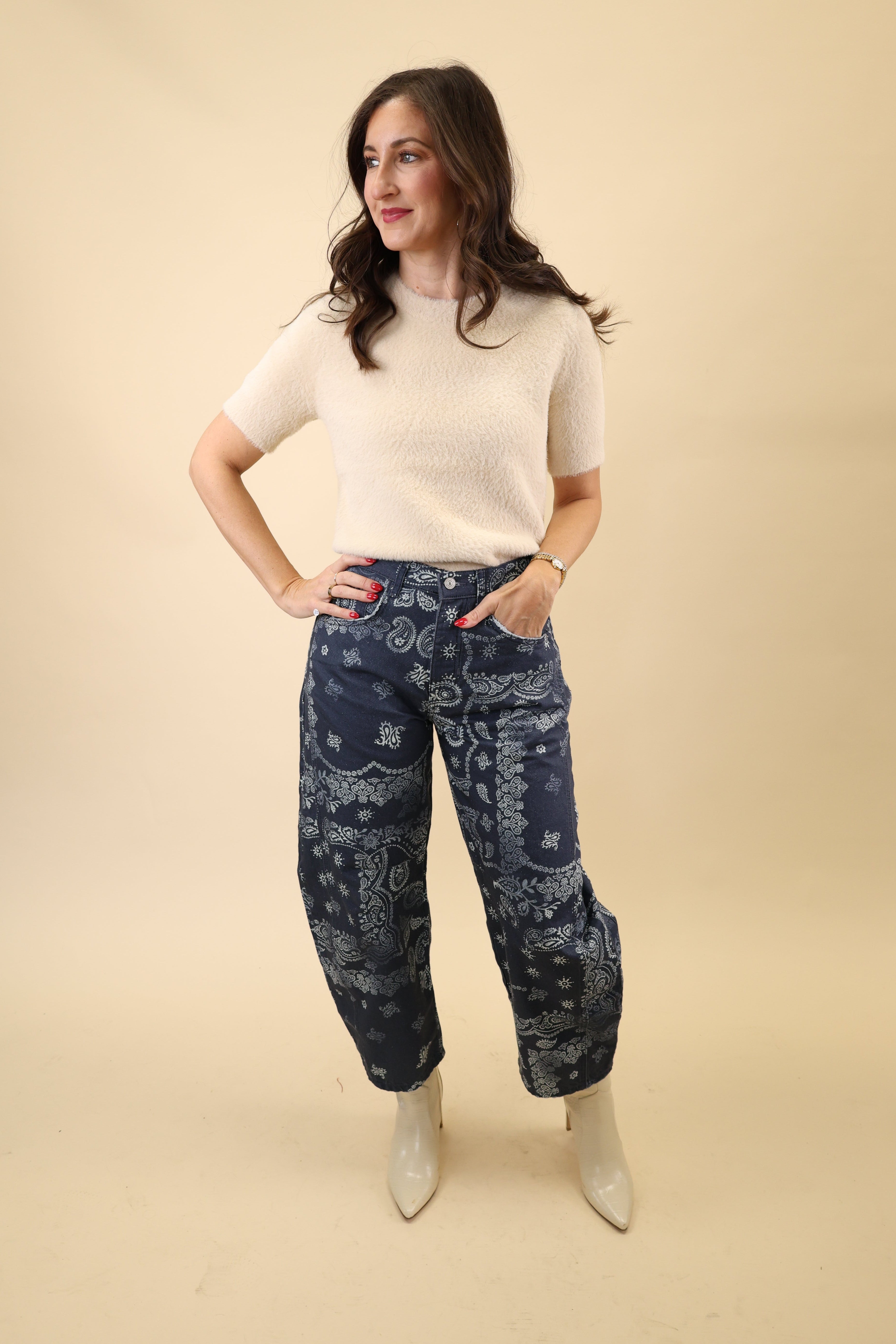 Navy bandana-print pants with a structured barrel leg and easy mid to high rise waist.