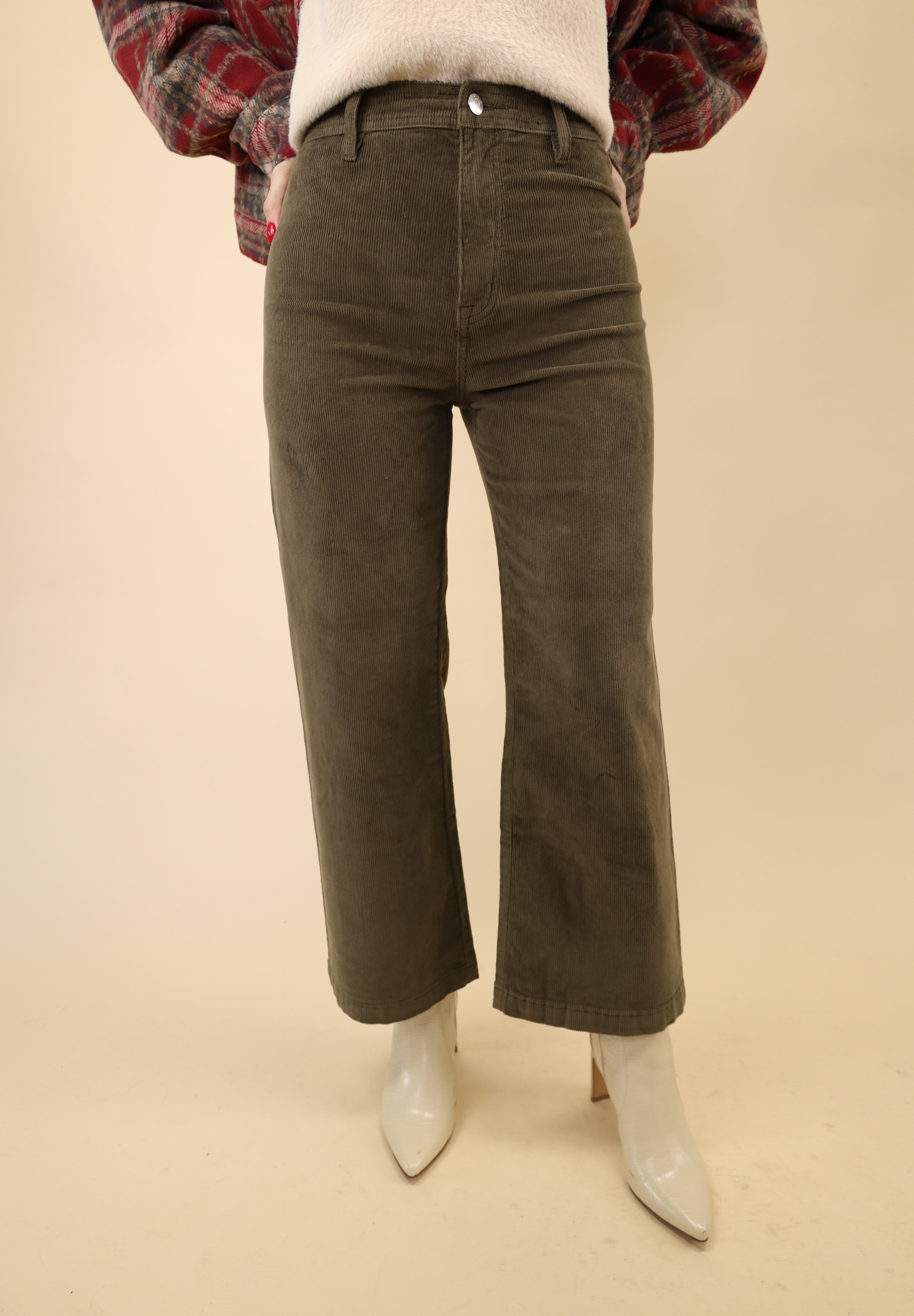 Olive green Pistola Penny crop pants featuring a high-rise waist, wide-leg silhouette, and structured denim finish.