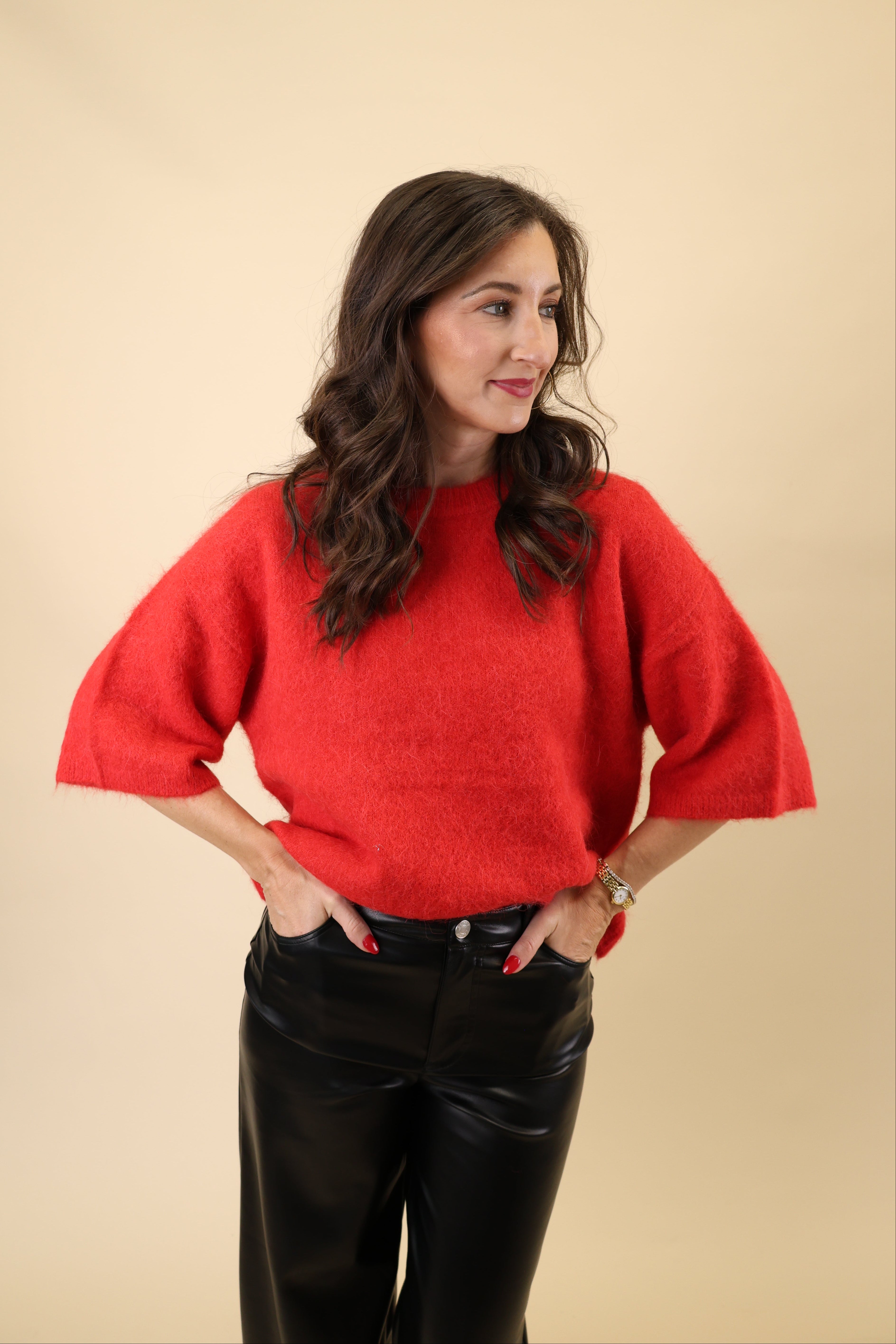 Pistola Micah red sweater with a classic crew neck, soft drape, and slightly cropped medium sleeves.