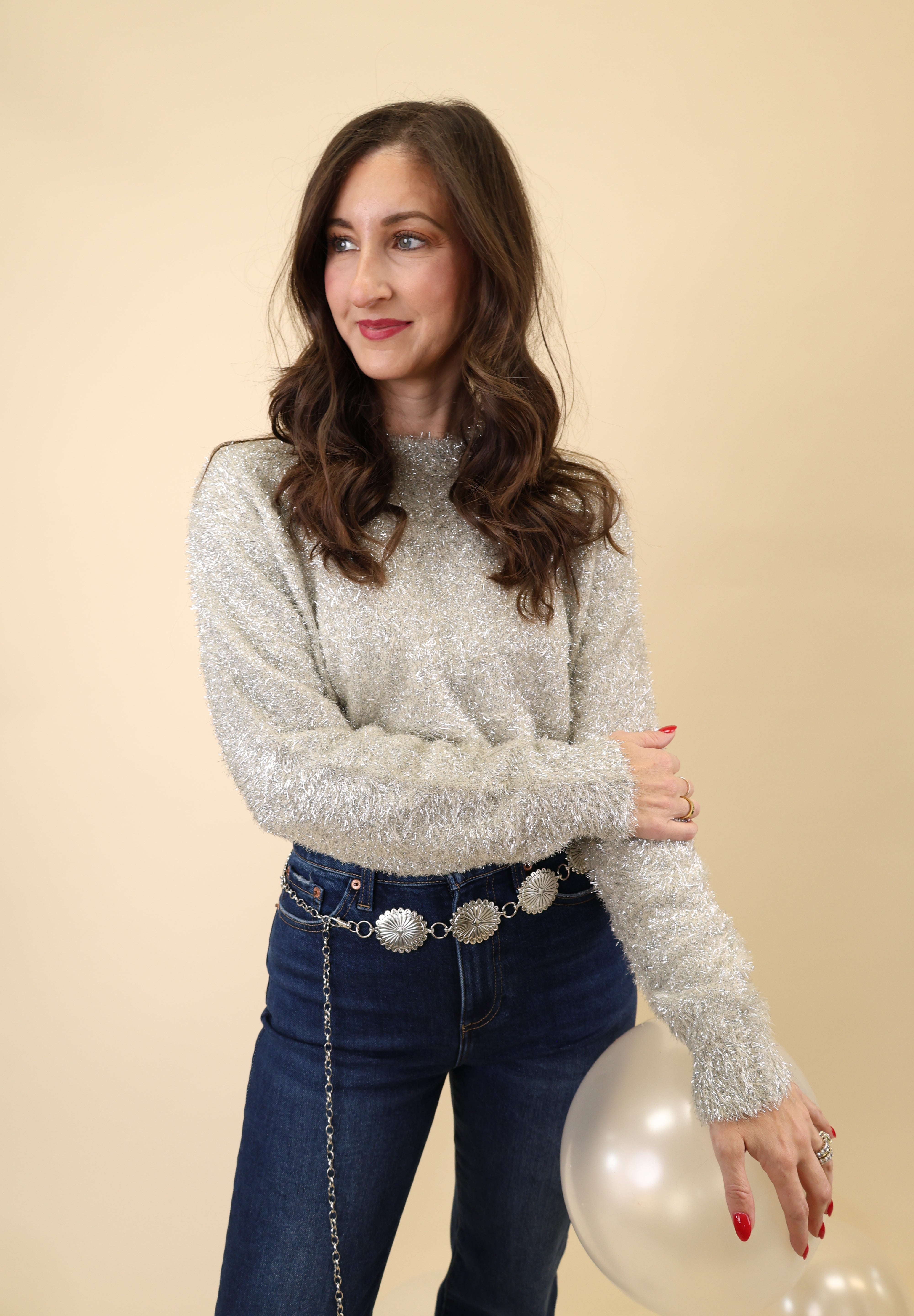 Lightweight metallic-threaded Tinseltown sweater by Z Supply with a crew neck and long sleeves.