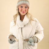 Free People Rainbow Run winter accessories set including a pom pom–adorned chunky knit beanie and ribbed convertible mitten gloves.