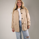 Deluc Montecarlo camel trench-inspired jacket with faux leather contrast trim at Shear Boutique