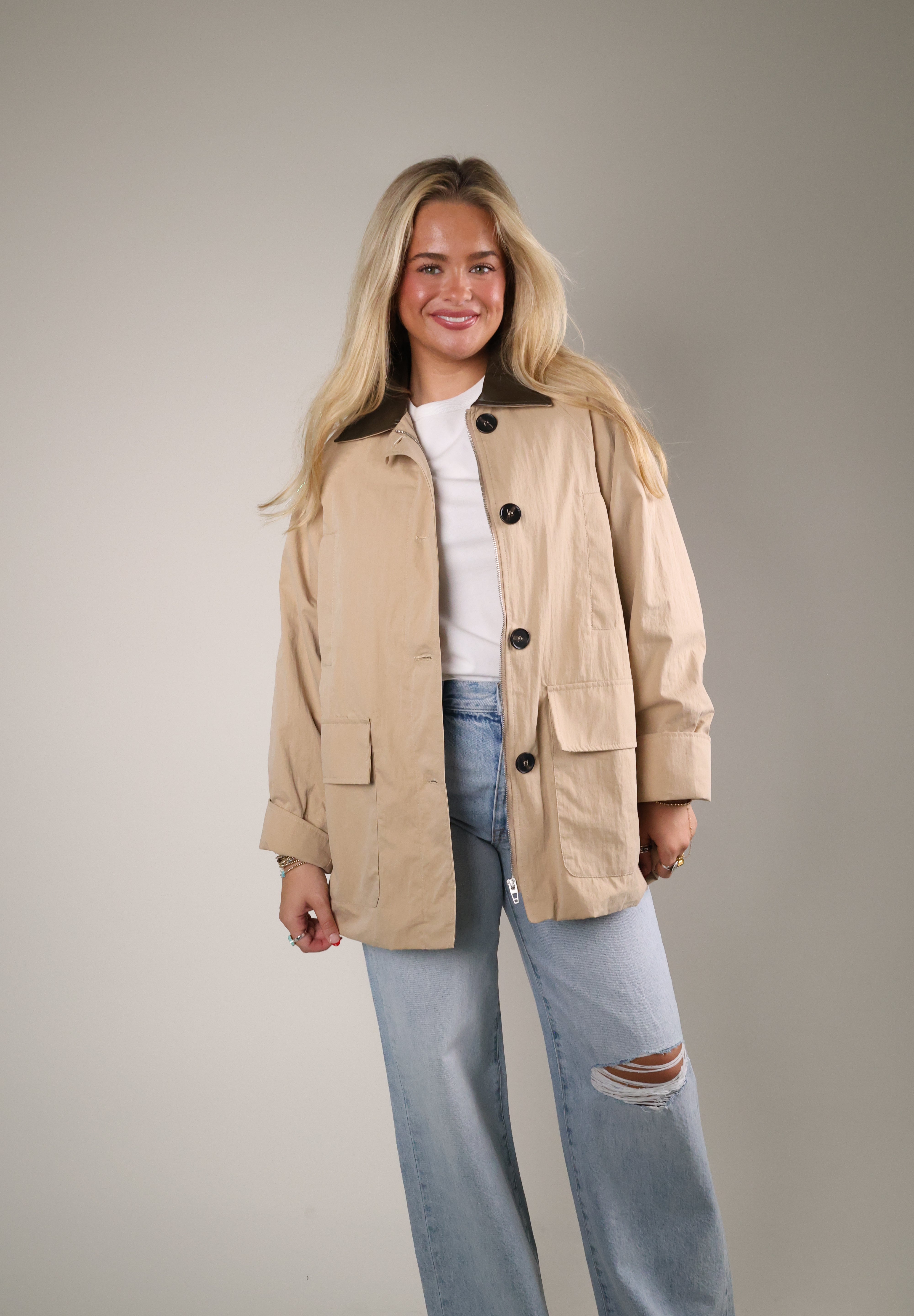 Deluc Montecarlo camel trench-inspired jacket with faux leather contrast trim at Shear Boutique