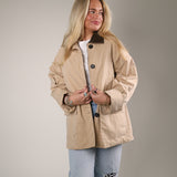 Camel Montecarlo Jacket by Deluc with faux leather trim and relaxed oversized fit