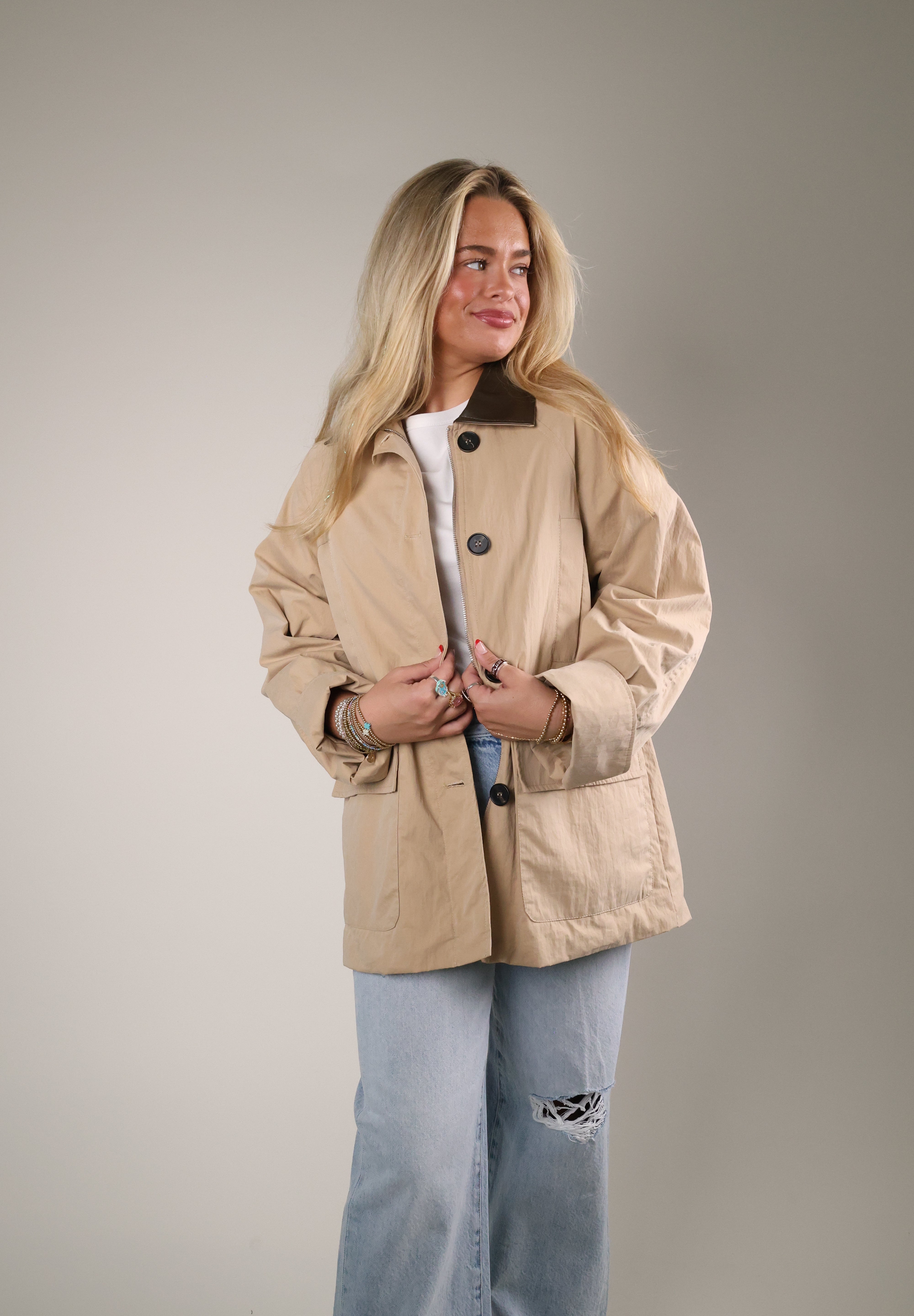 Camel Montecarlo Jacket by Deluc with faux leather trim and relaxed oversized fit