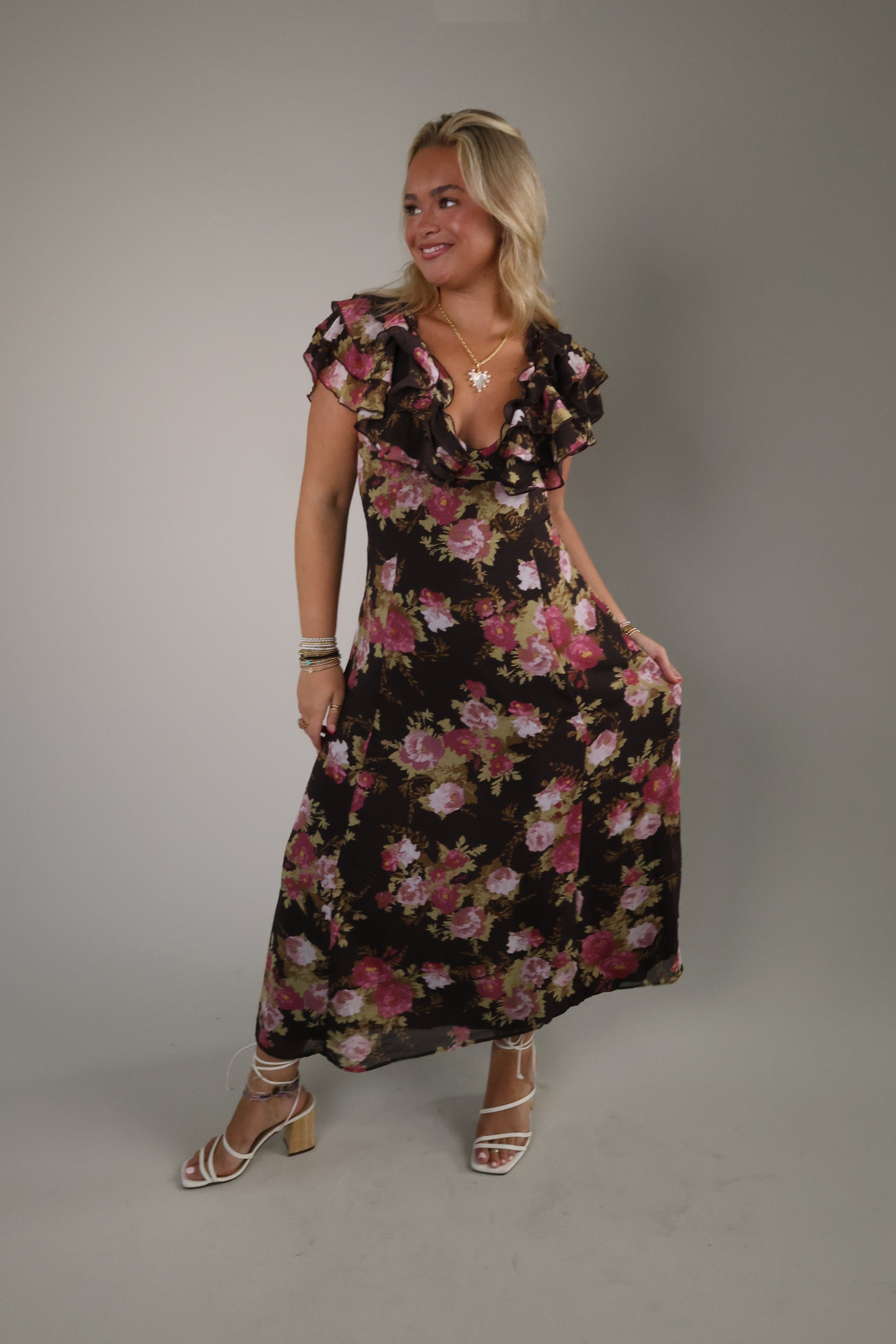 Forsythia Deep Fudge Combo maxi dress with tiered ruffles from Shear Boutique in Olney, Maryland